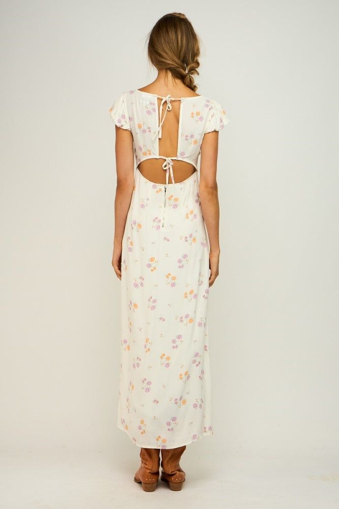 Ivory Floral Open Back Double Ties Lace Trim Maxi Dress sold by Pinkblush product image thumbnail 3