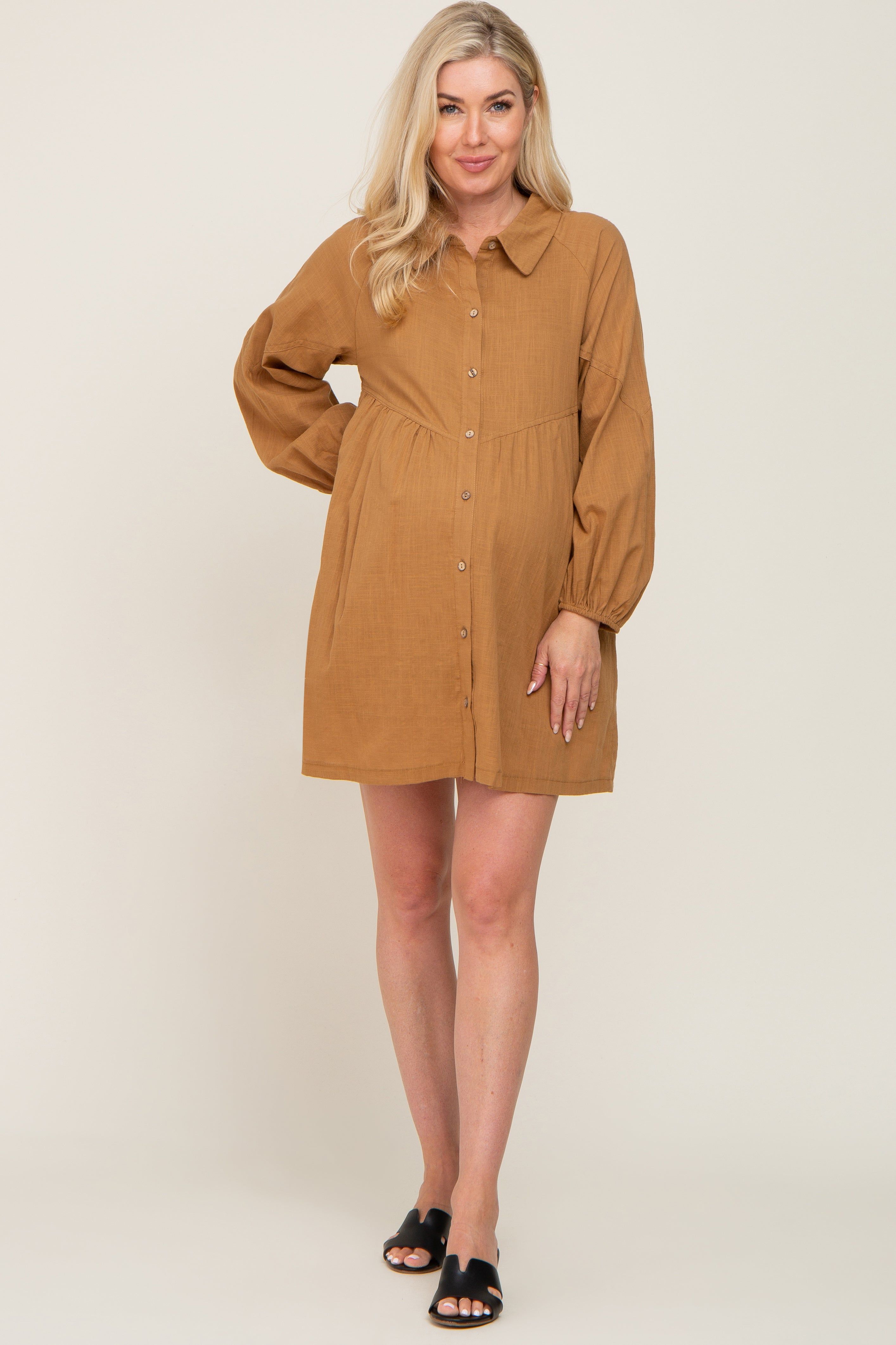 Camel Button Down Maternity Mini Dress sold by Pinkblush product image thumbnail 4