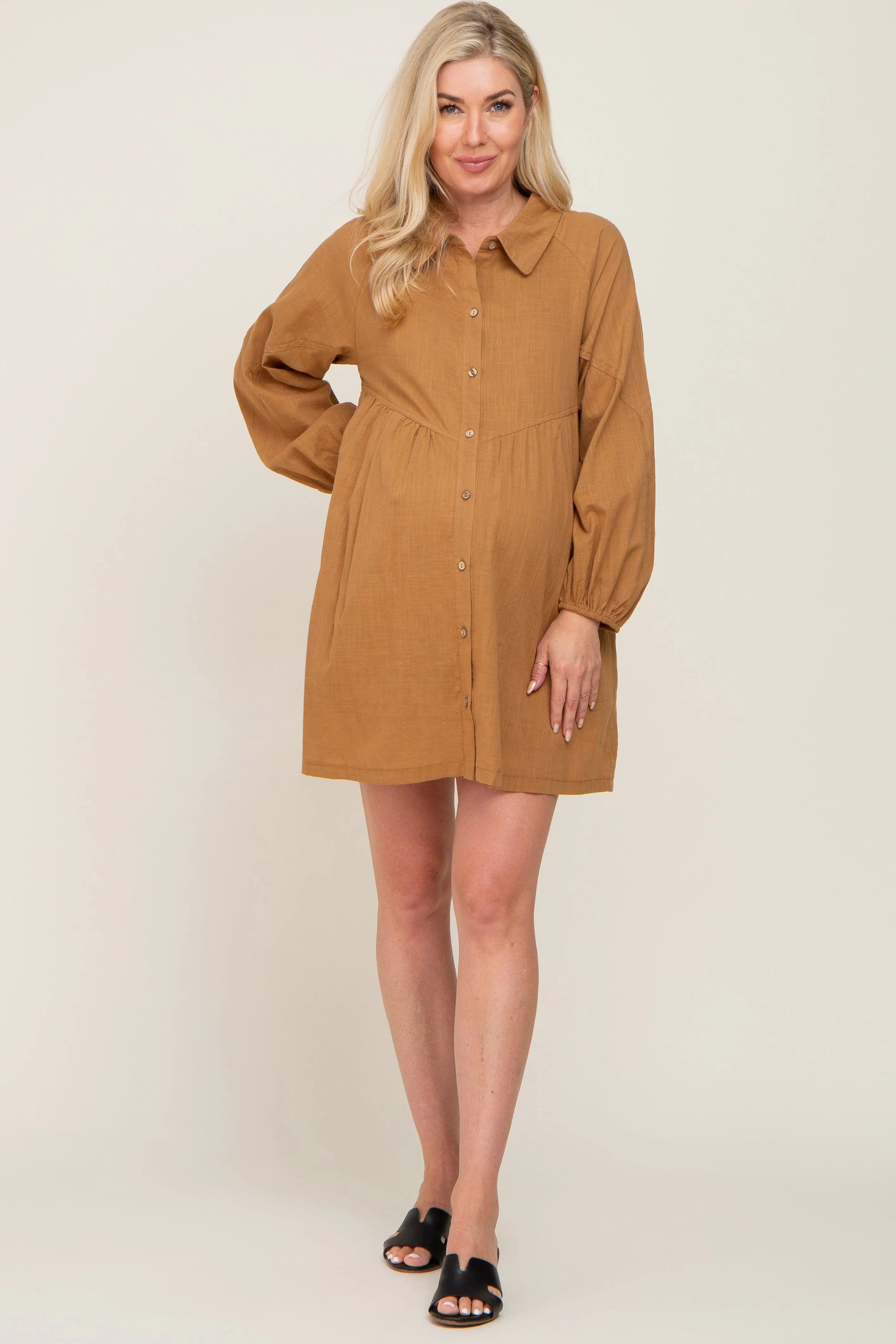 Camel Button Down Maternity Mini Dress sold by Pinkblush product image thumbnail 4