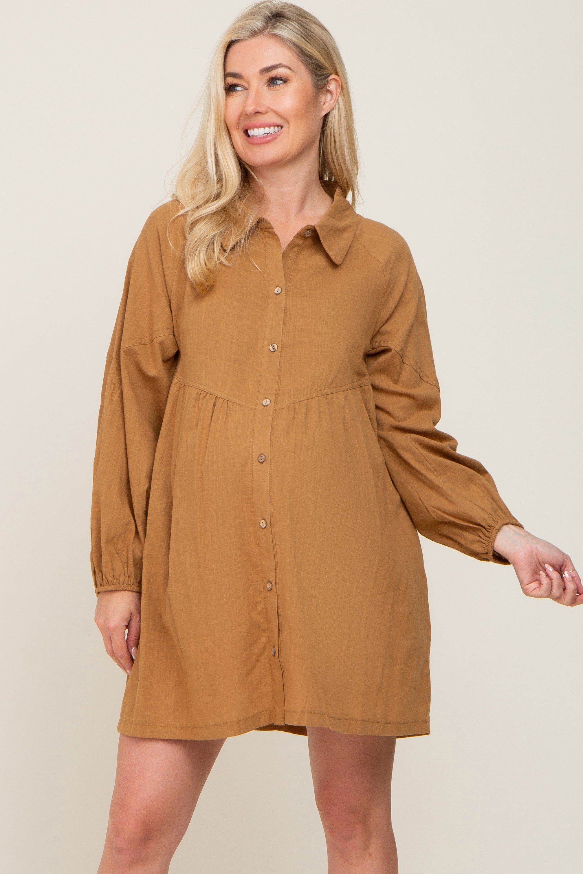 Camel Button Down Maternity Mini Dress sold by Pinkblush