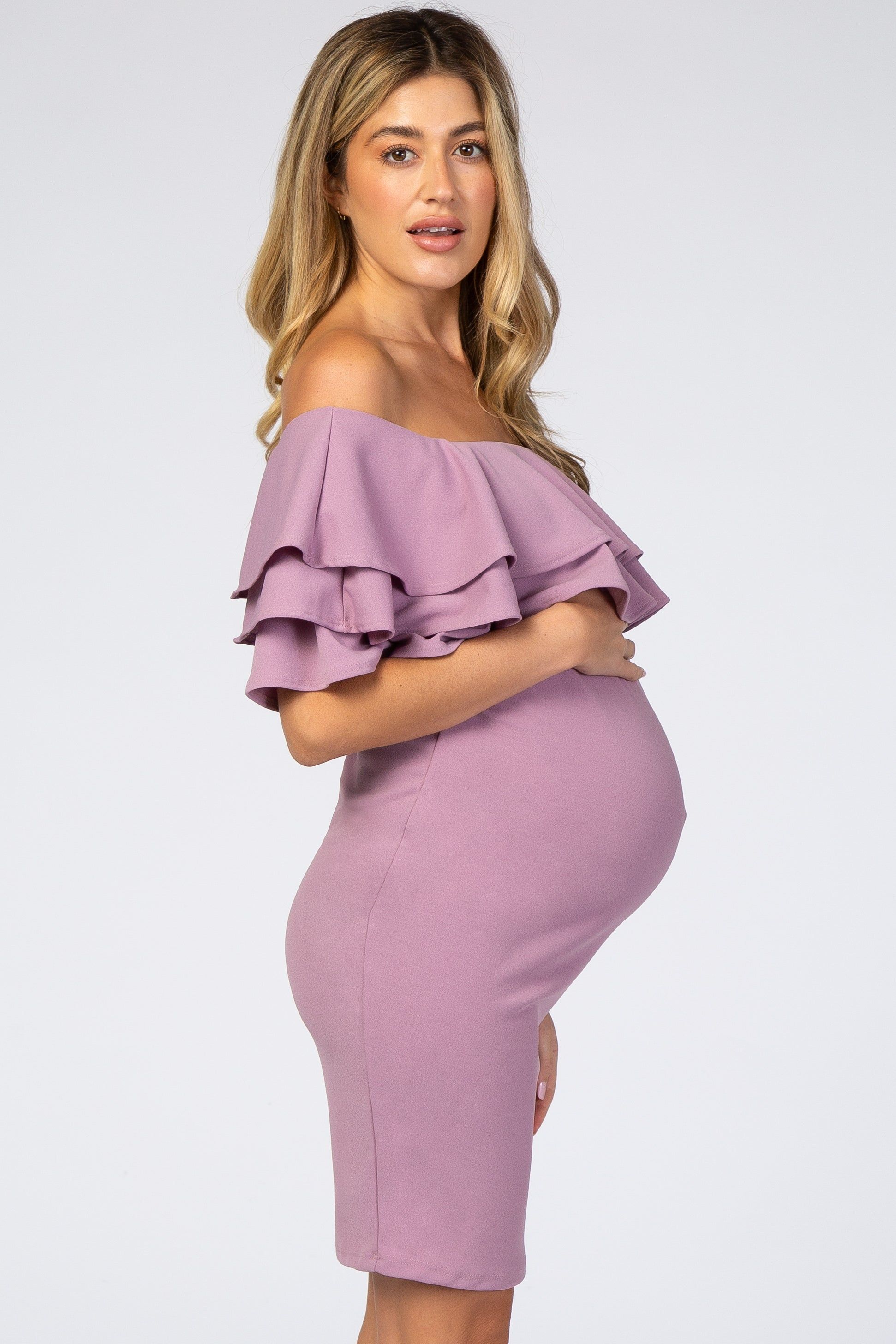 Violet Layered Ruffle Off Shoulder Fitted Maternity Dress sold by Pinkblush product image thumbnail 2