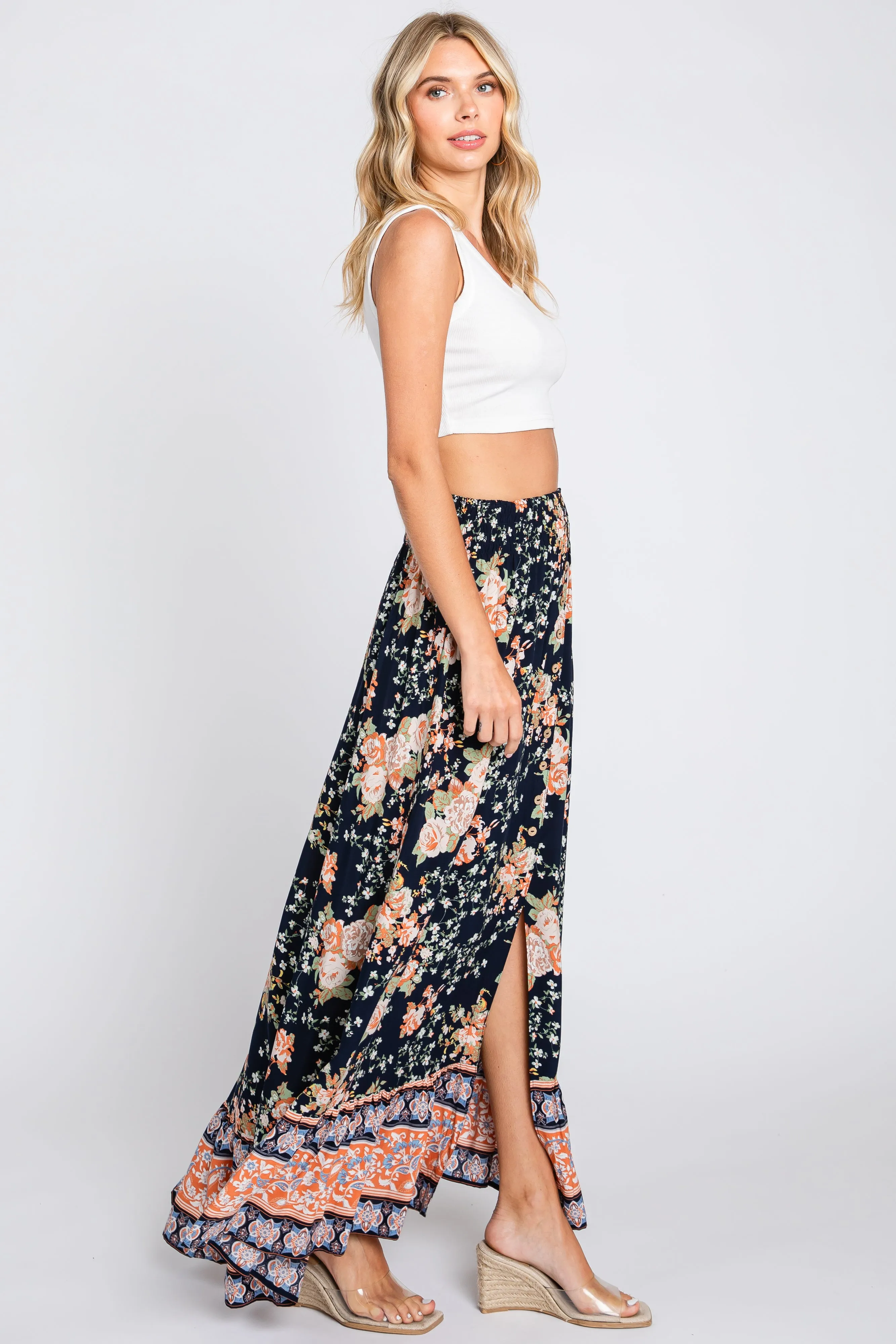 Navy Blue Floral Border Print Smocked Waist Button Front Maxi Skirt sold by Pinkblush product image thumbnail 2