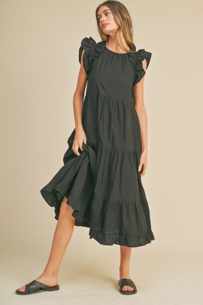 Black Ruffle Shoulder Tiered Midi Dress sold by Pinkblush product image thumbnail 2