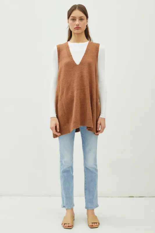 Pecan Oversize V-Neck Long Soft Sweater Vest With Pockets sold by Pinkblush