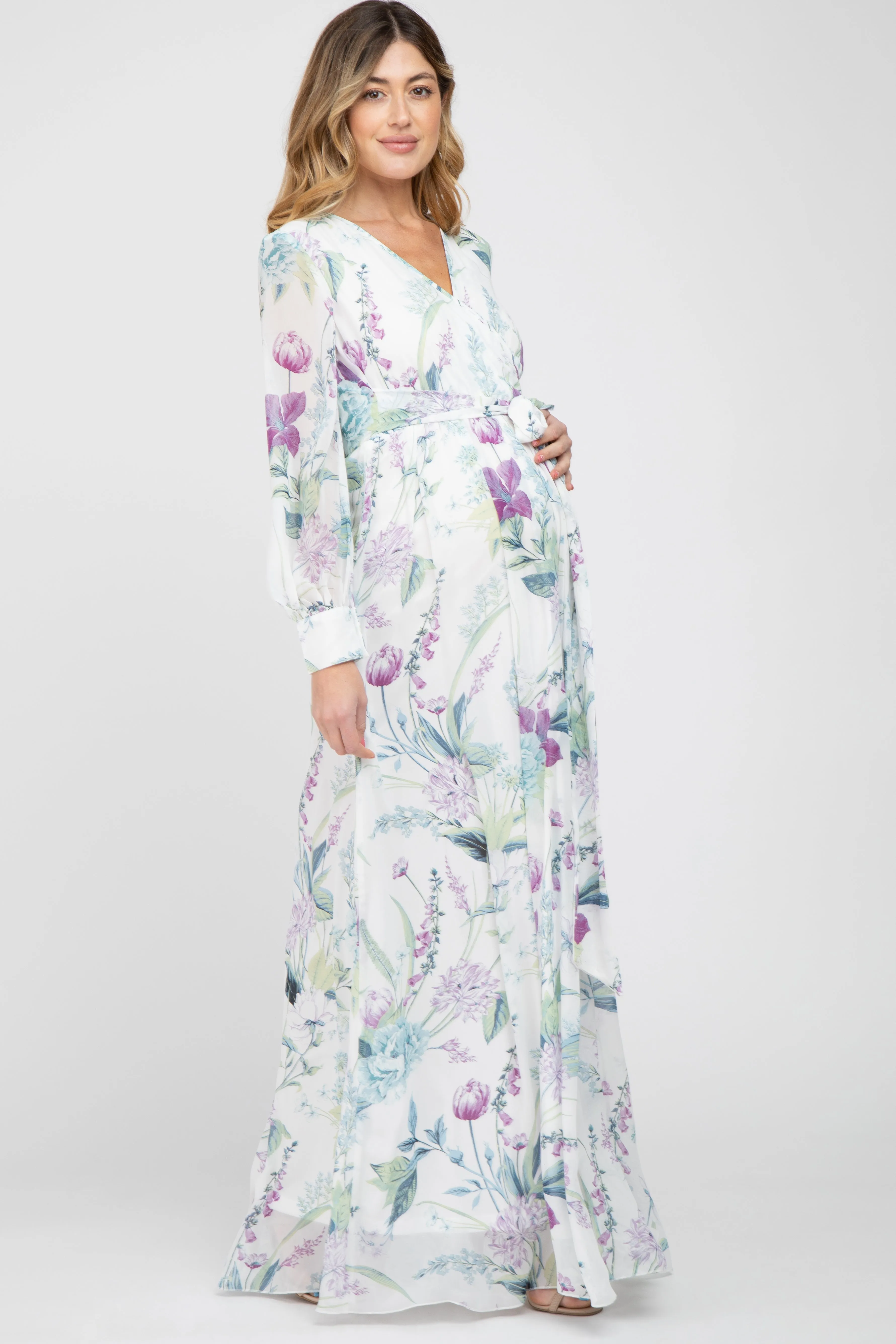 White Floral Chiffon Long Sleeve Pleated Maternity Maxi Dress sold by Pinkblush product image thumbnail 2