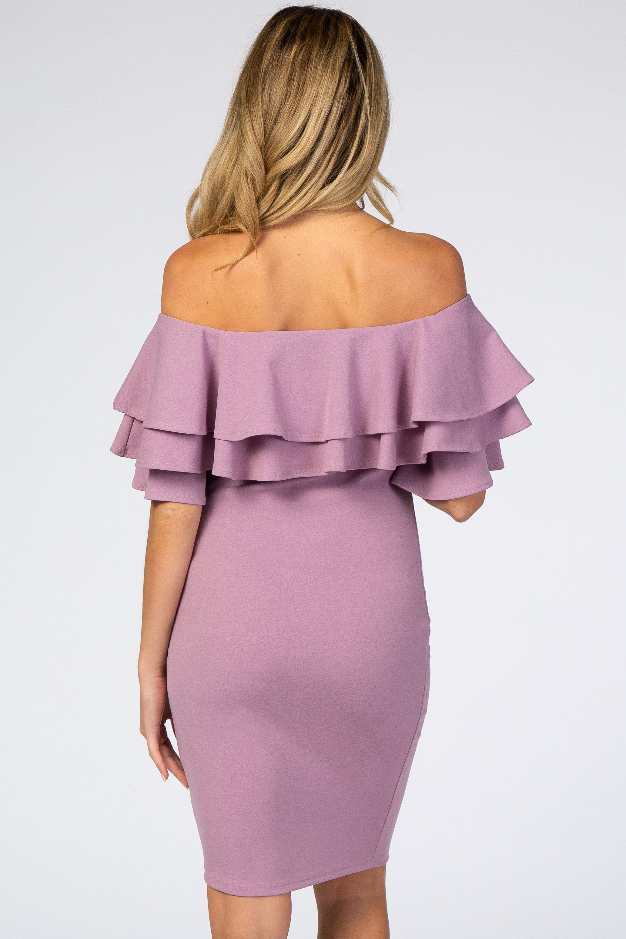 Violet Layered Ruffle Off Shoulder Fitted Maternity Dress sold by Pinkblush product image thumbnail 3