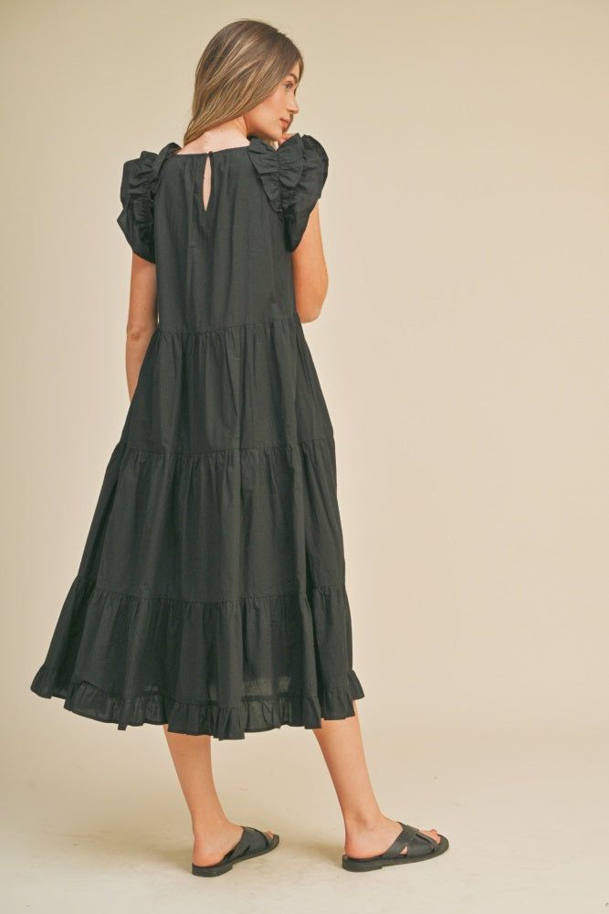 Black Ruffle Shoulder Tiered Midi Dress sold by Pinkblush product image thumbnail 3