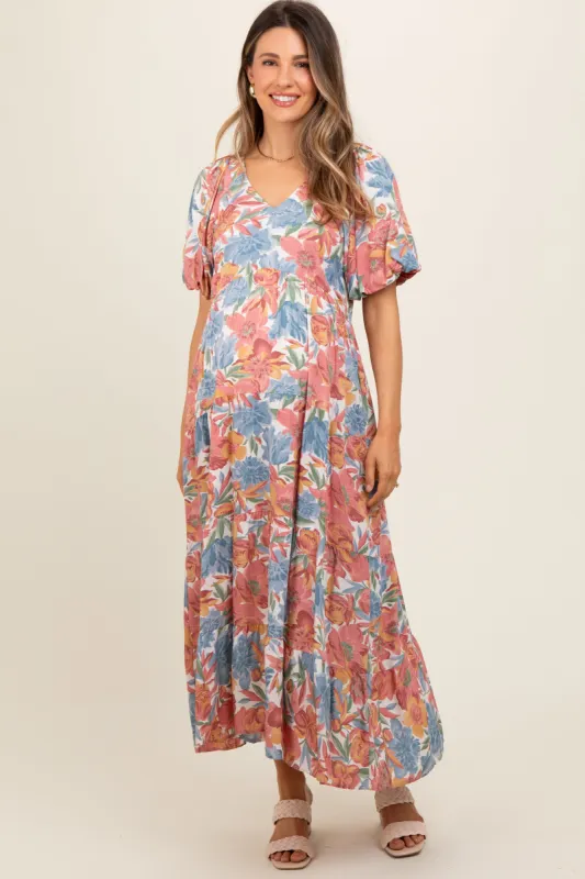 Mauve Floral Print Pocketed Maternity Midi Dress sold by Pinkblush
