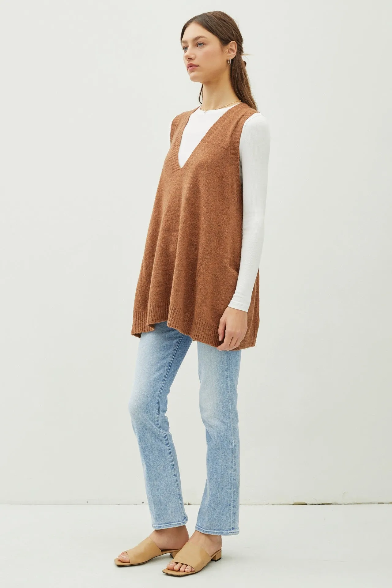 Pecan Oversize V-Neck Long Soft Sweater Vest With Pockets sold by Pinkblush product image thumbnail 5