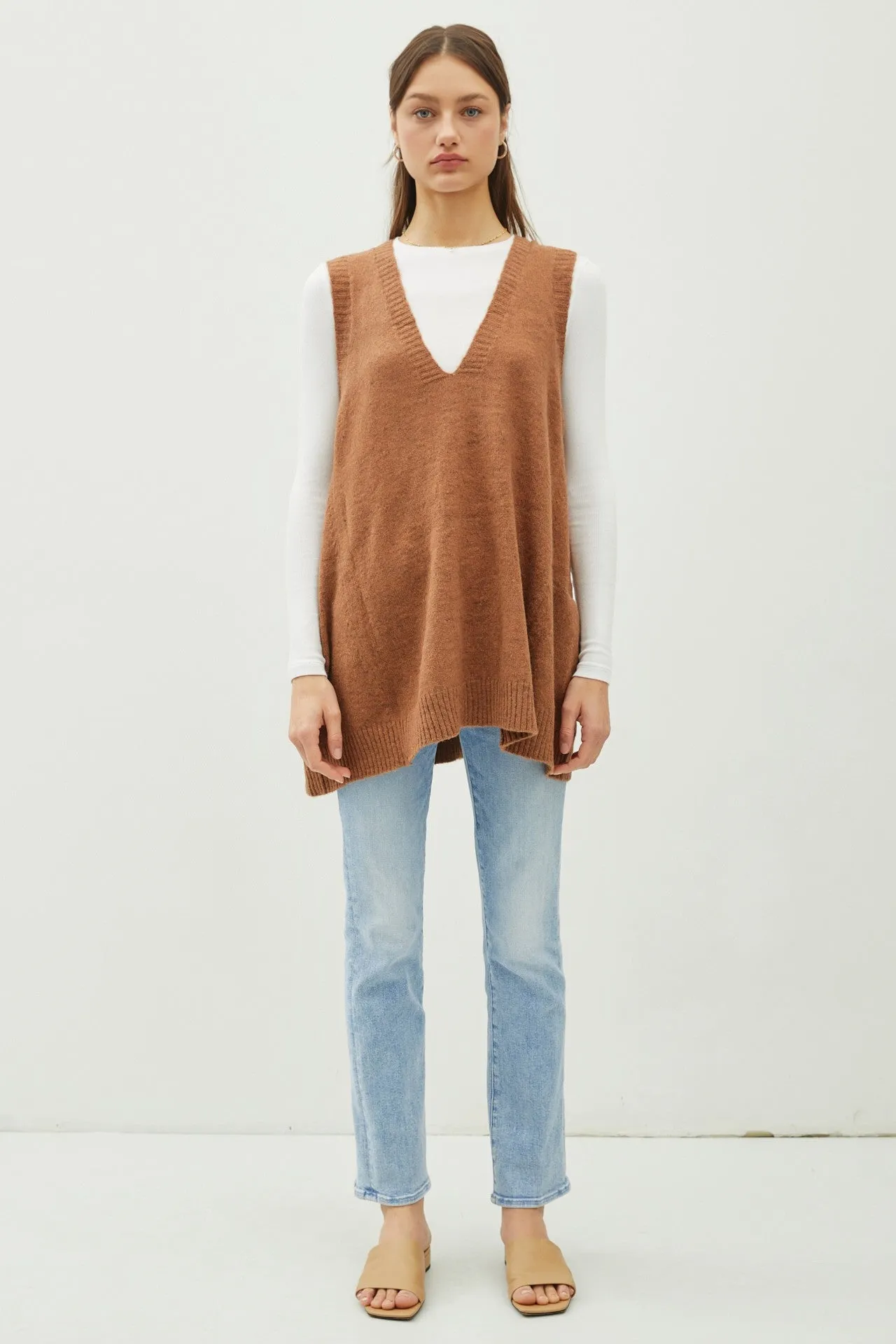 Pecan Oversize V-Neck Long Soft Sweater Vest With Pockets sold by Pinkblush product image thumbnail 2