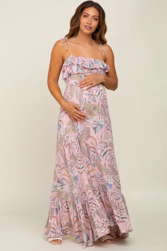 Pink Floral Ruffle Top Back Cutout Maternity Maxi Dress sold by Pinkblush