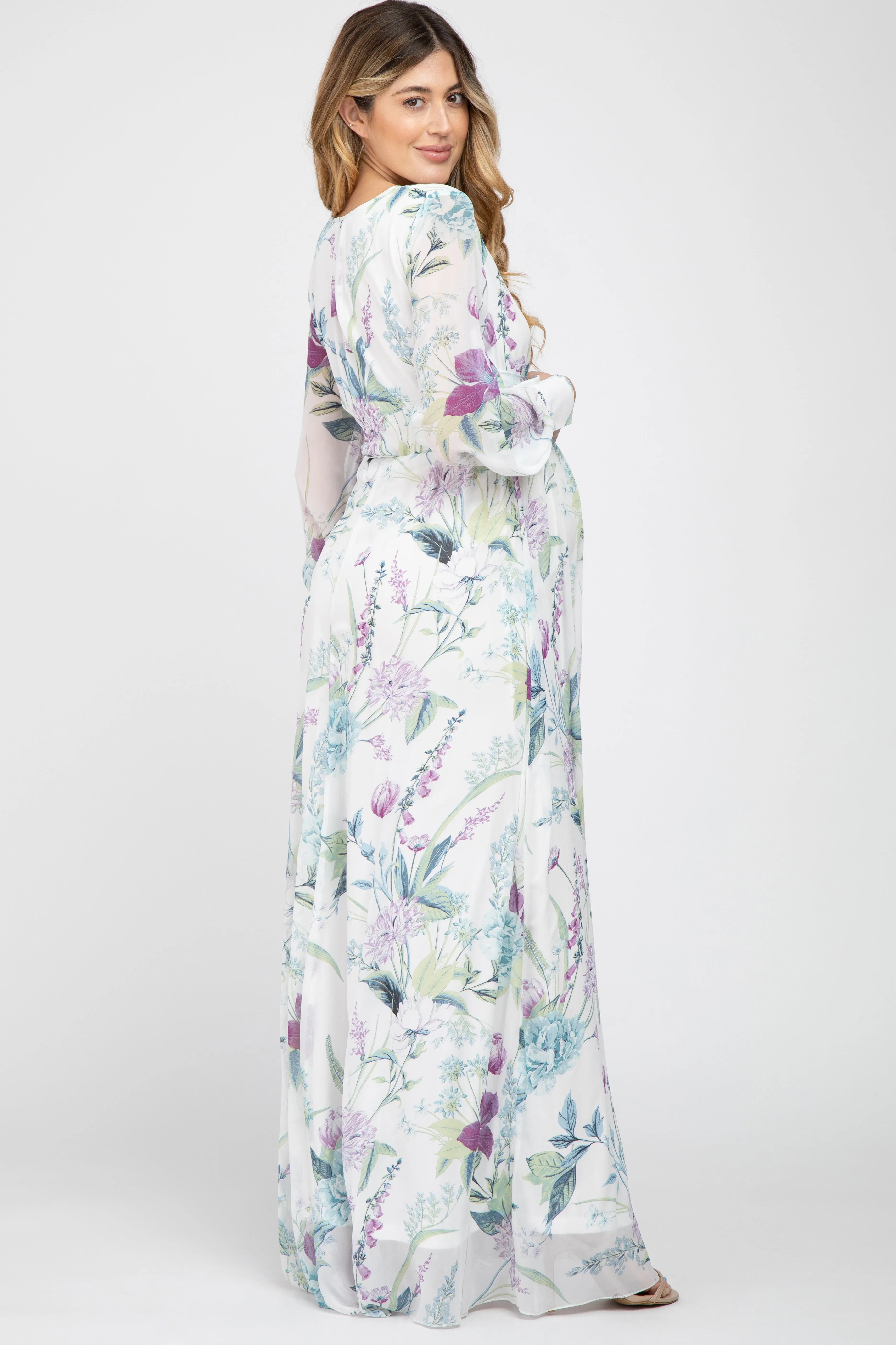 White Floral Chiffon Long Sleeve Pleated Maternity Maxi Dress sold by Pinkblush product image thumbnail 3