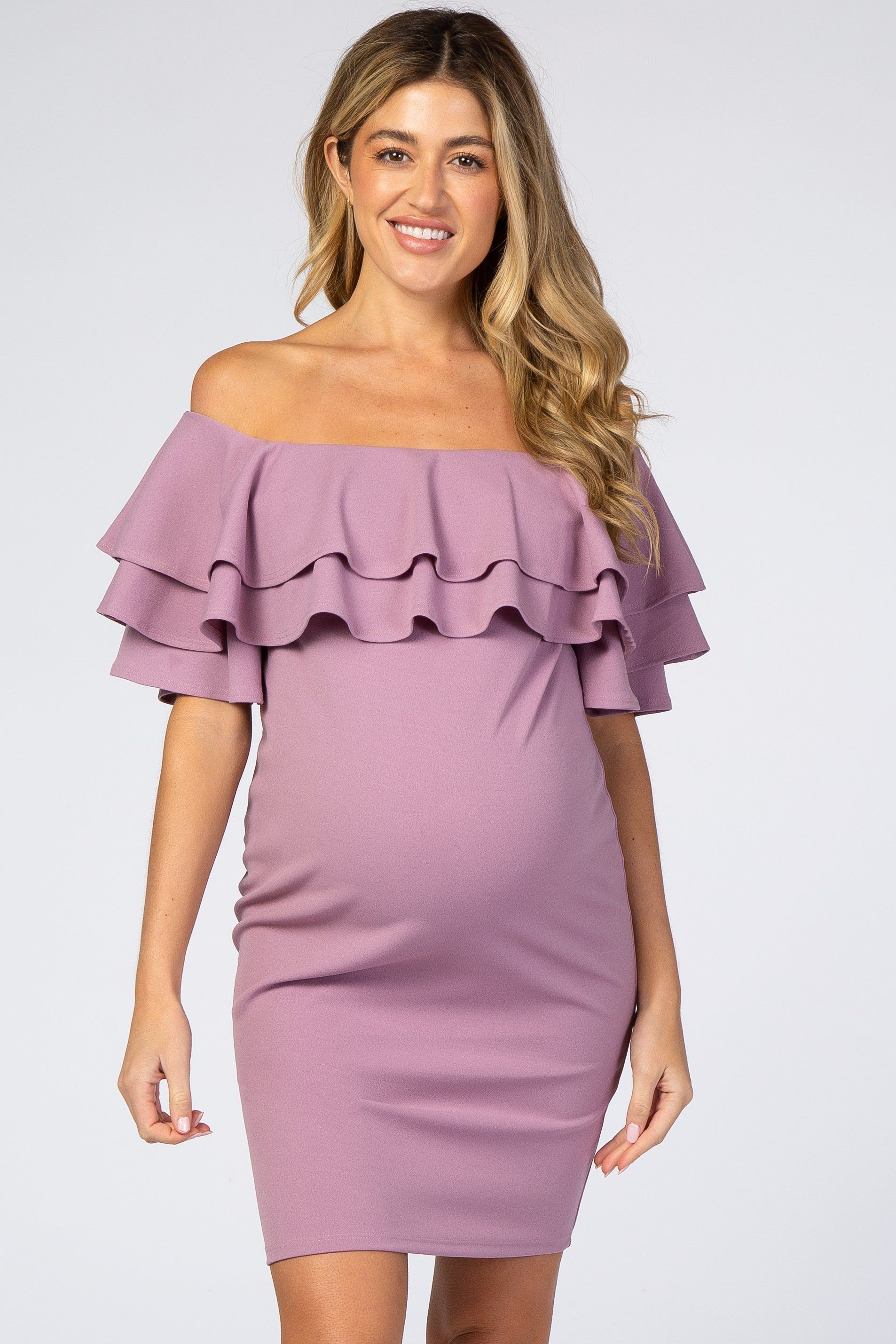 Violet Layered Ruffle Off Shoulder Fitted Maternity Dress sold by Pinkblush