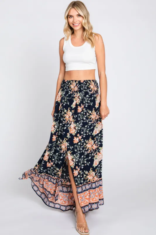 Navy Blue Floral Border Print Smocked Waist Button Front Maxi Skirt sold by Pinkblush
