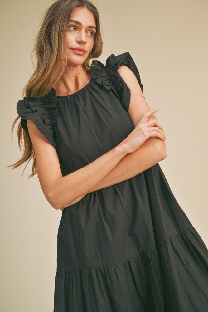 Black Ruffle Shoulder Tiered Midi Dress sold by Pinkblush product image thumbnail 4