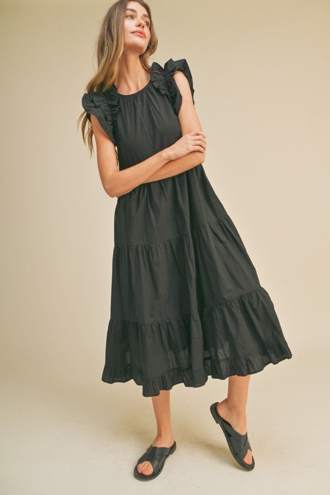 Black Ruffle Shoulder Tiered Midi Dress sold by Pinkblush