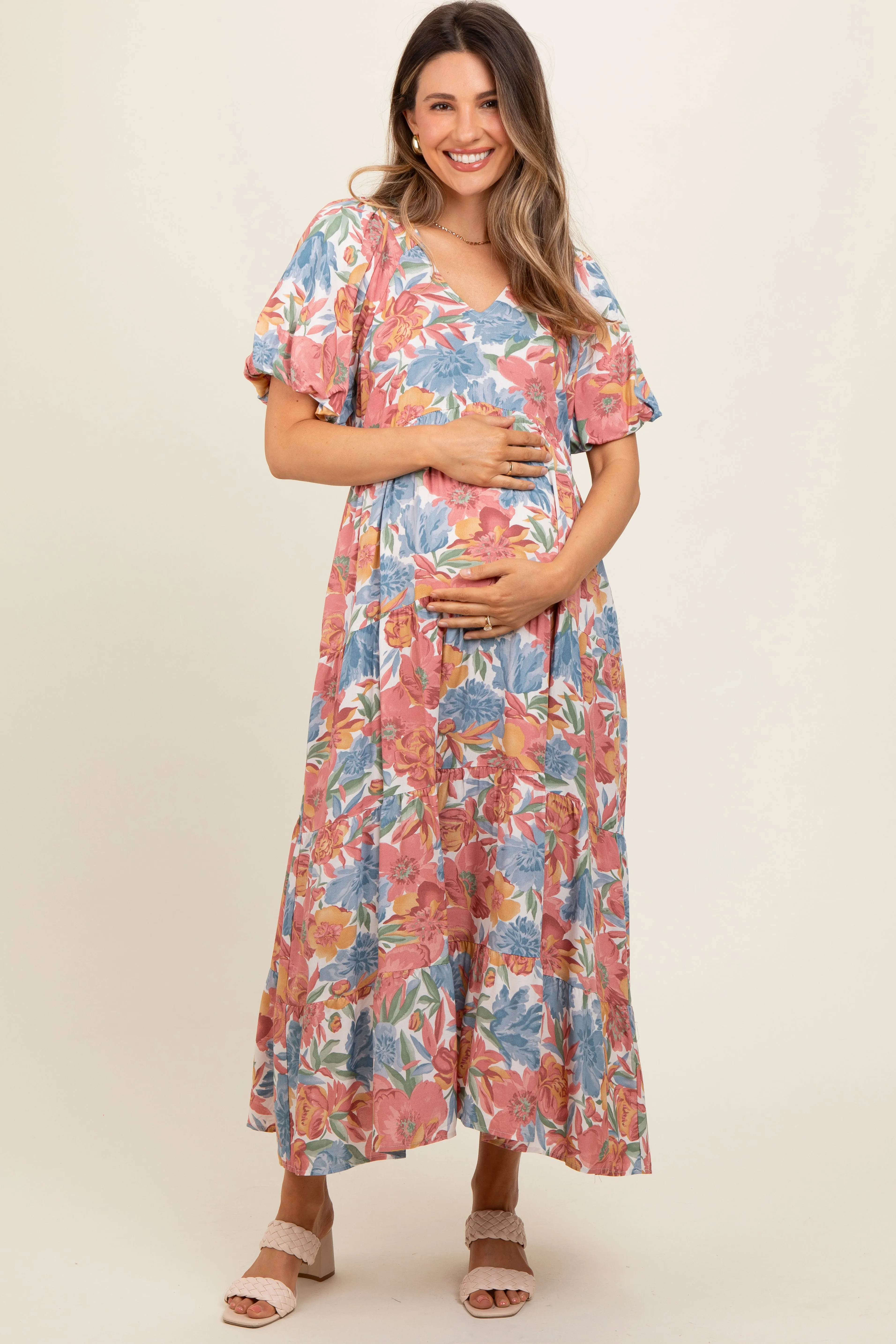 Mauve Floral Print Pocketed Maternity Midi Dress sold by Pinkblush product image thumbnail 2