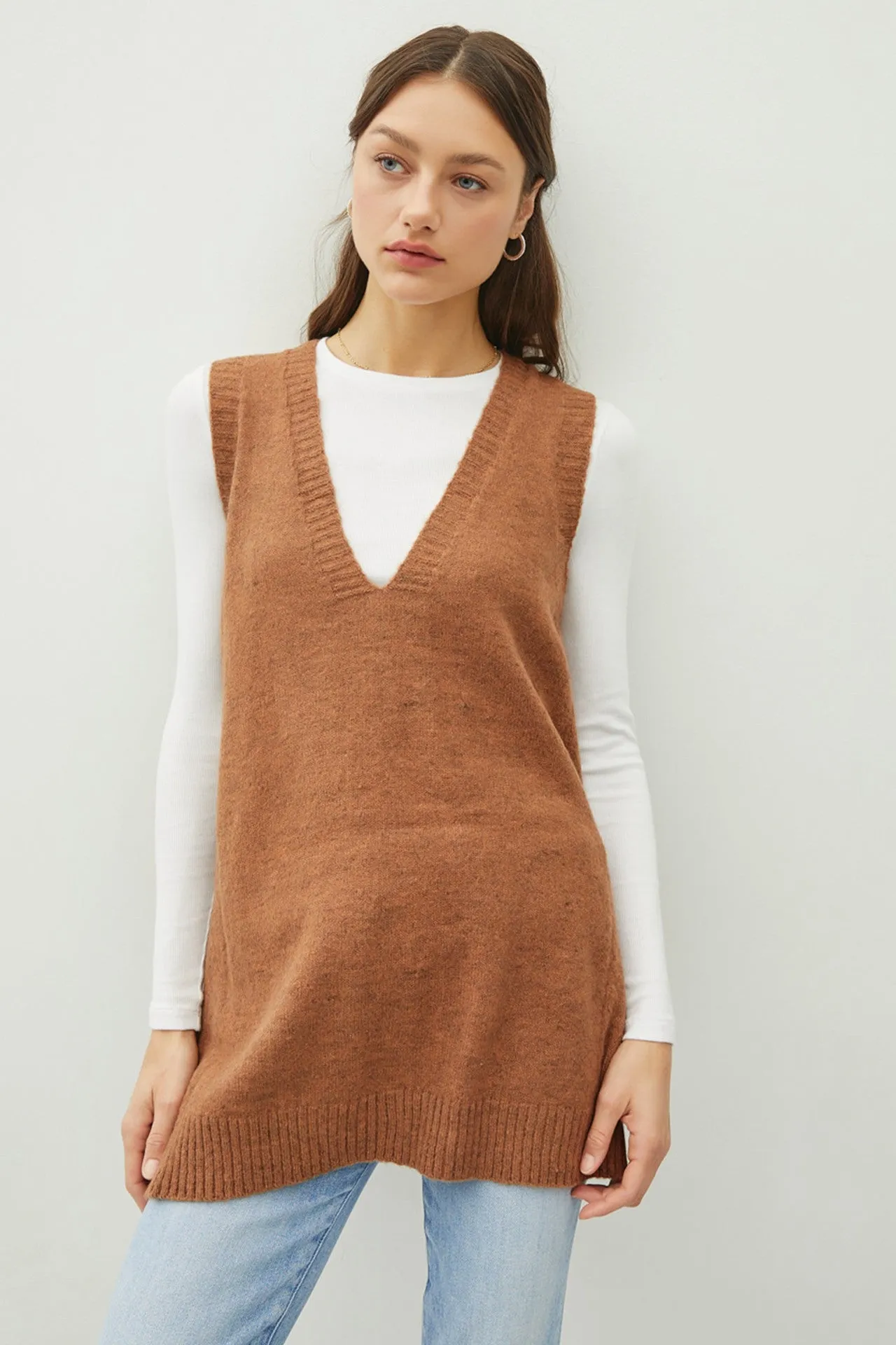 Pecan Oversize V-Neck Long Soft Sweater Vest With Pockets sold by Pinkblush product image thumbnail 3