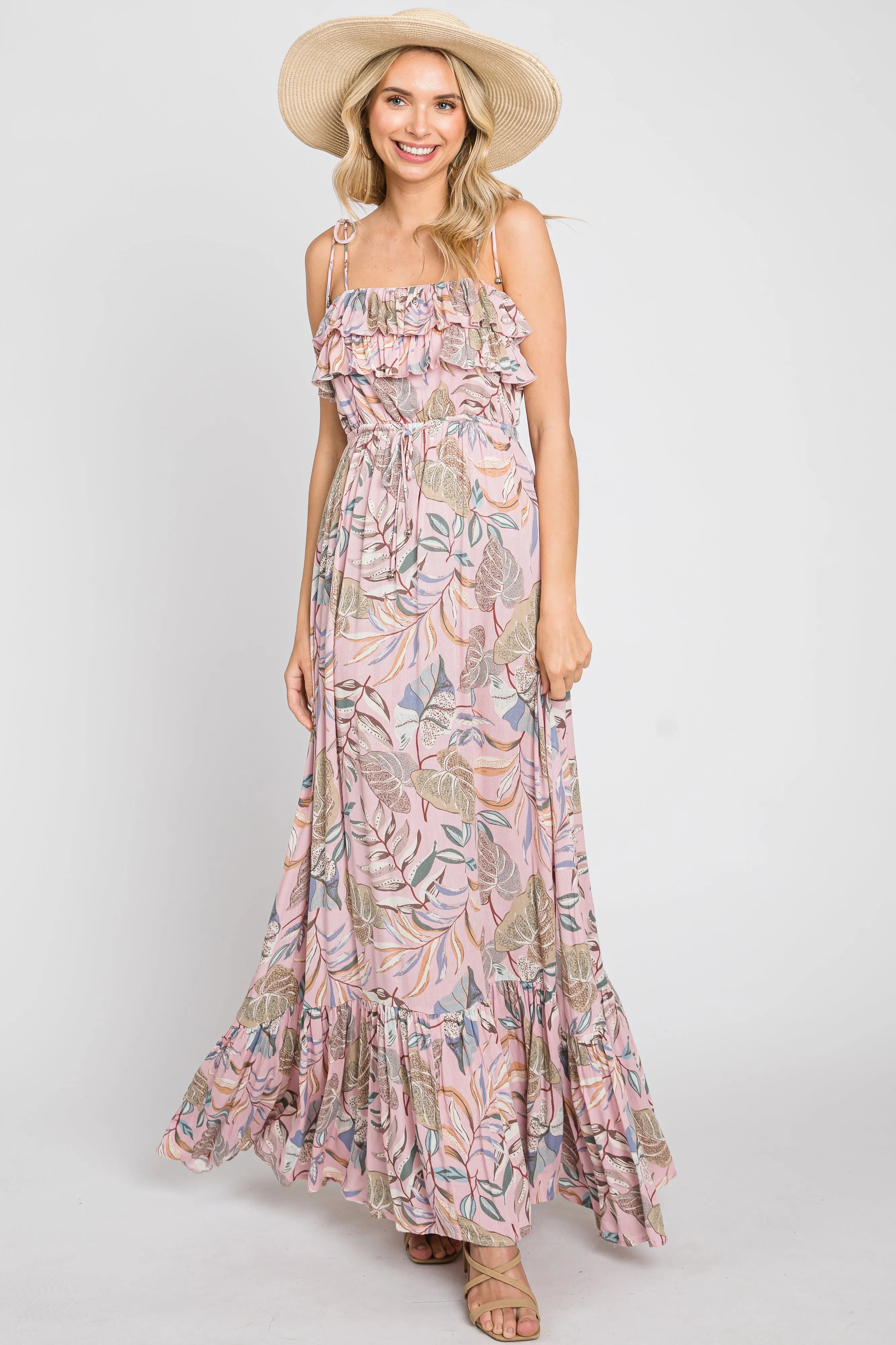 Pink Floral Ruffle Top Back Cutout Maternity Maxi Dress sold by Pinkblush product image thumbnail 5