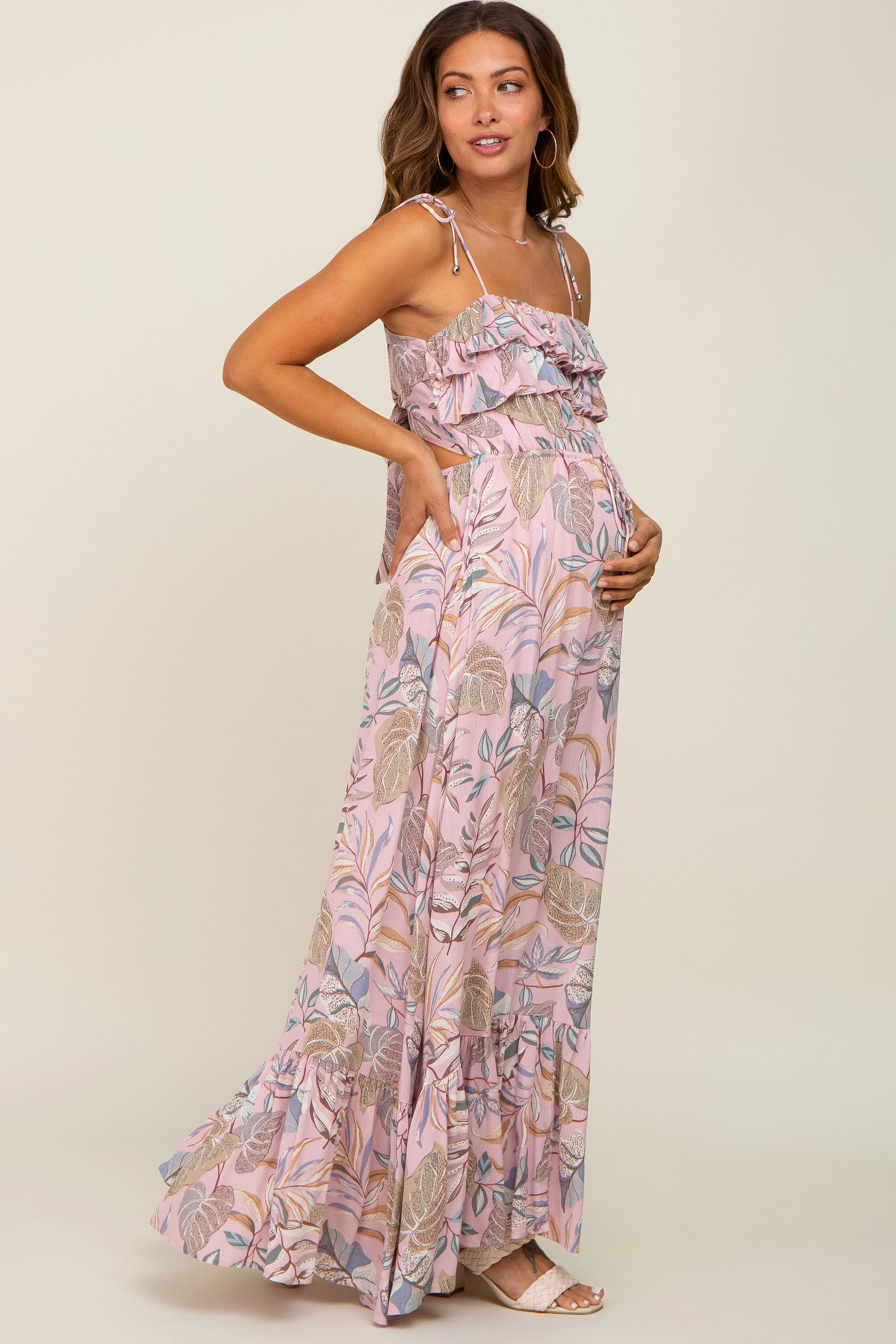 Pink Floral Ruffle Top Back Cutout Maternity Maxi Dress sold by Pinkblush product image thumbnail 2