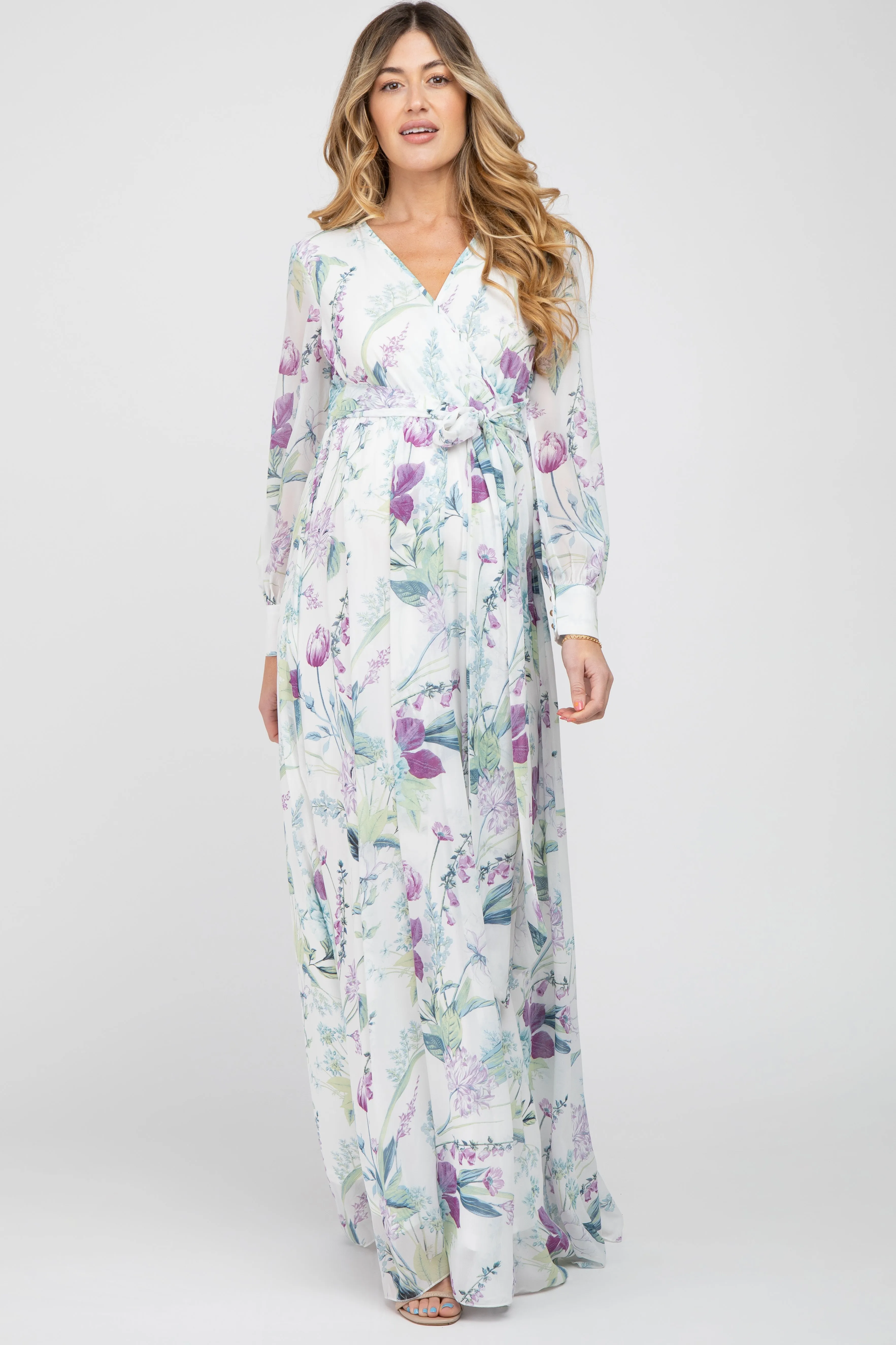 White Floral Chiffon Long Sleeve Pleated Maternity Maxi Dress sold by Pinkblush