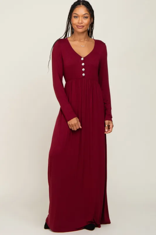 Burgundy Solid Long Sleeve Button Accent Dress sold by Pinkblush