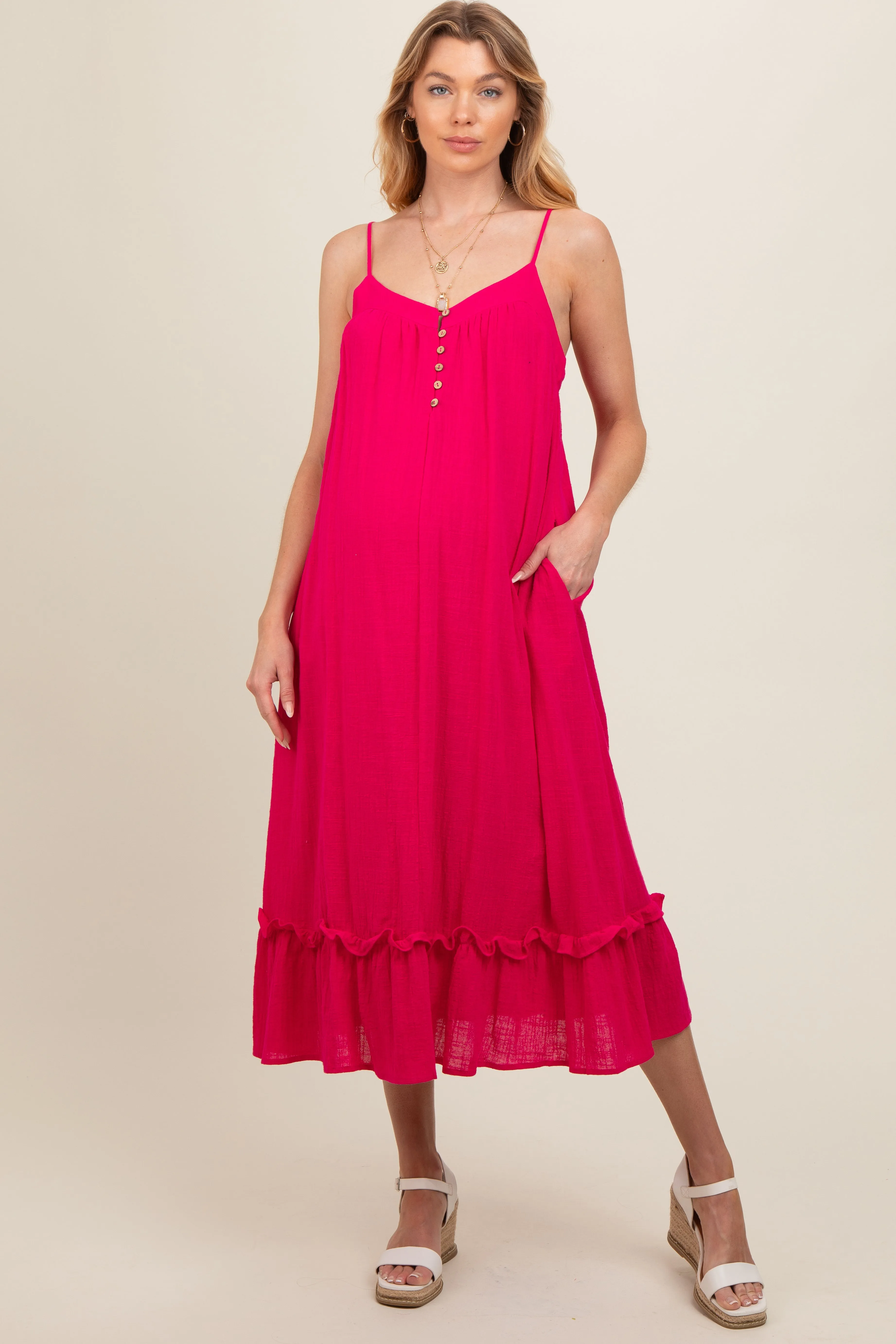 Fuchsia Button Front Pocketed Maternity Midi Dress sold by Pinkblush product image thumbnail 2