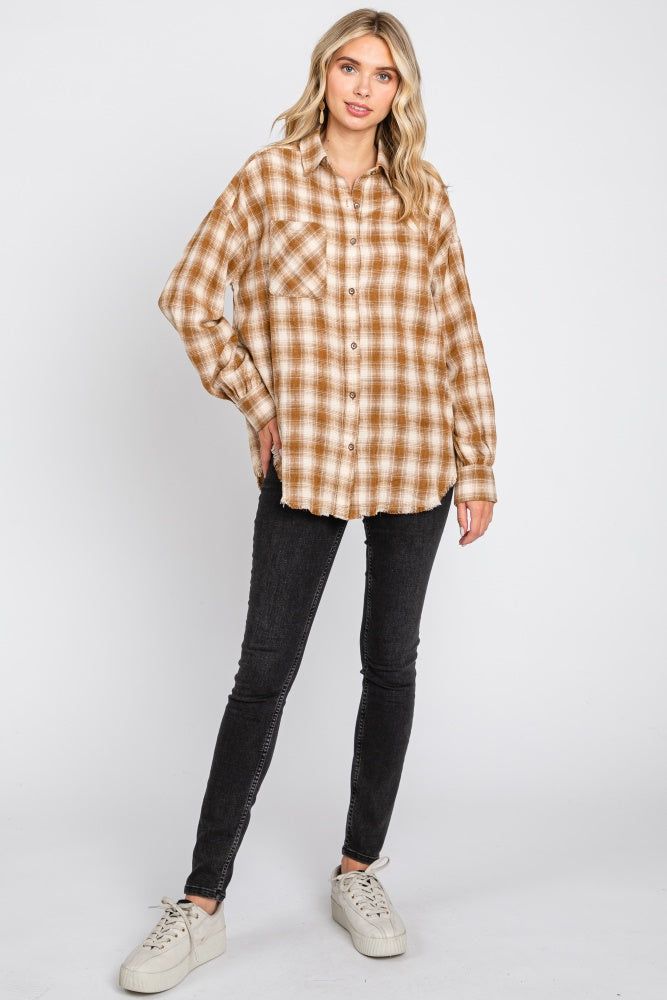 Mocha Plaid Button Up Raw Edge Flannel Top sold by Pinkblush product image thumbnail 5
