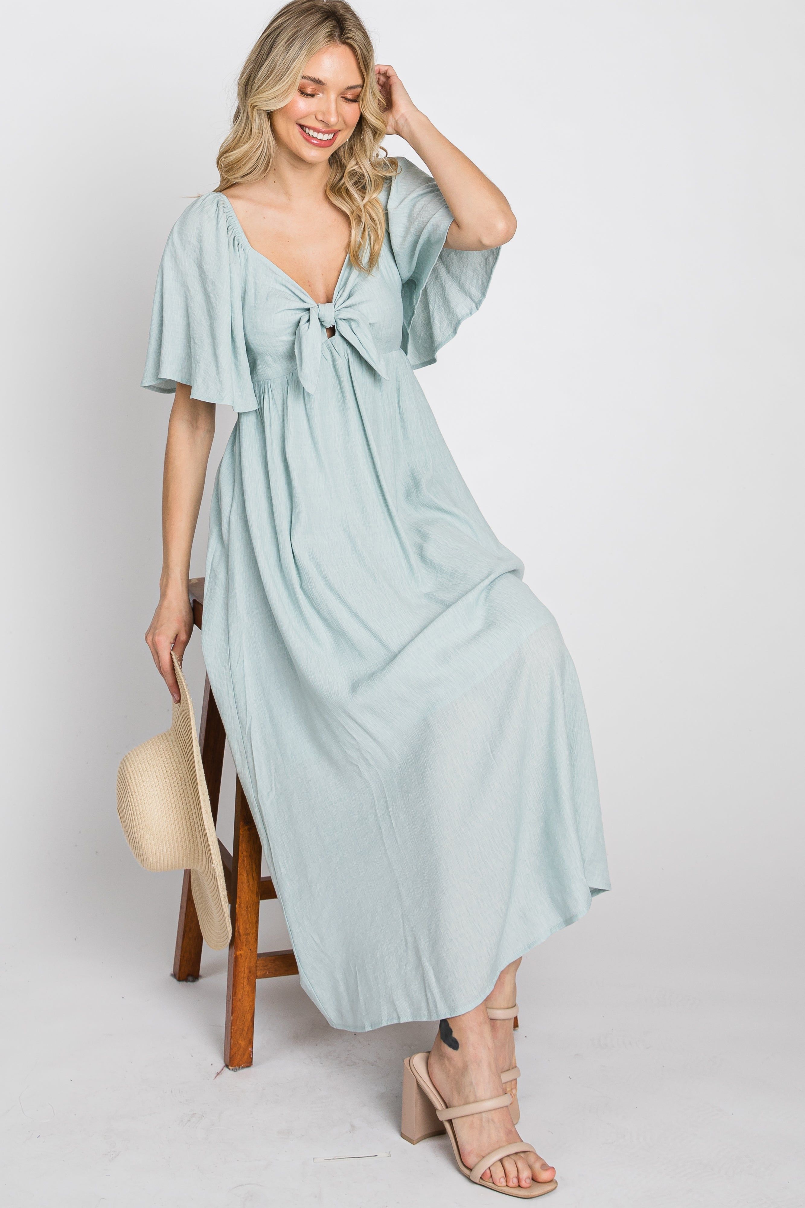 Light Blue Front Tie Ruffle Sleeve Midi Dress sold by Pinkblush product image thumbnail 11