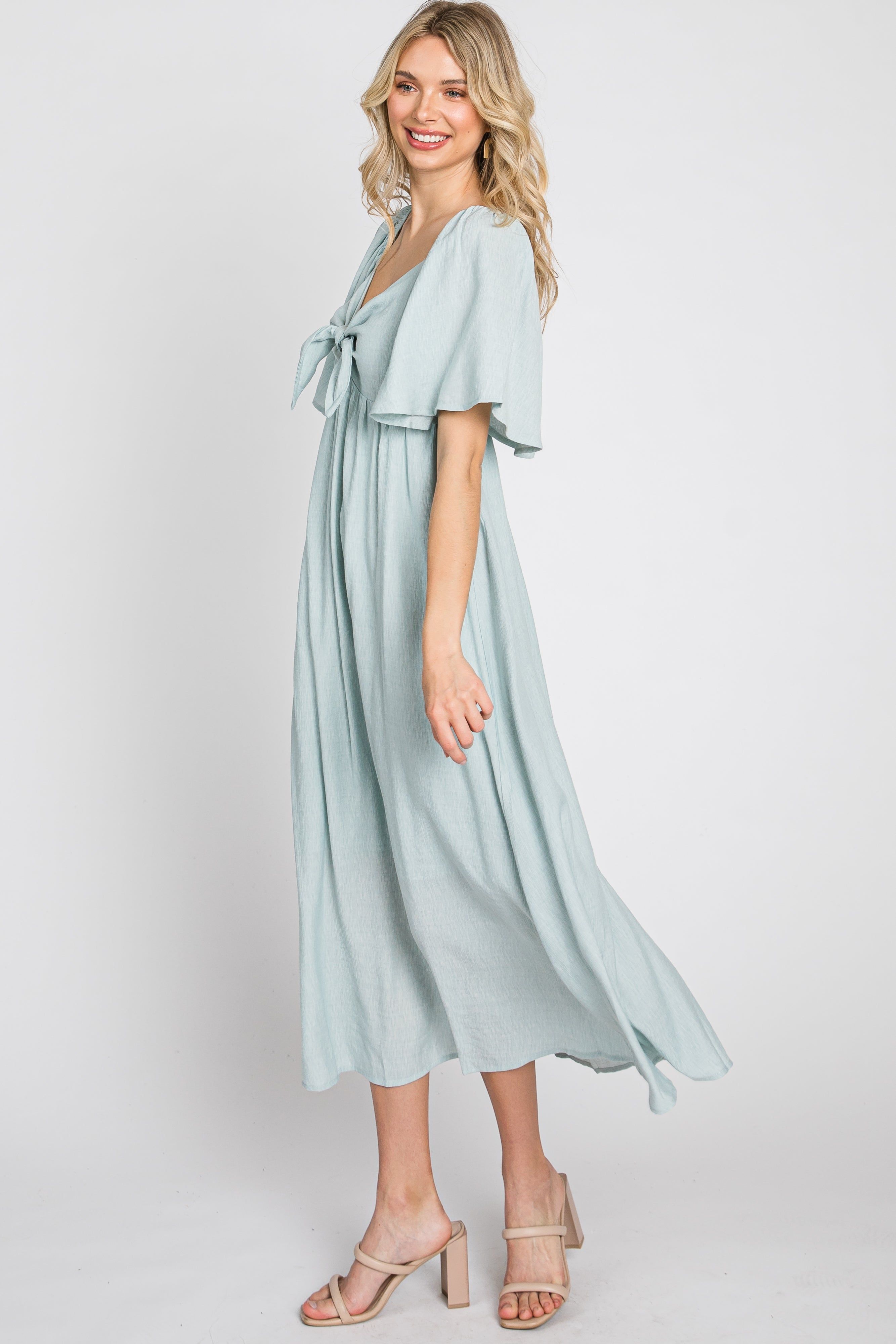 Light Blue Front Tie Ruffle Sleeve Midi Dress sold by Pinkblush product image thumbnail 5