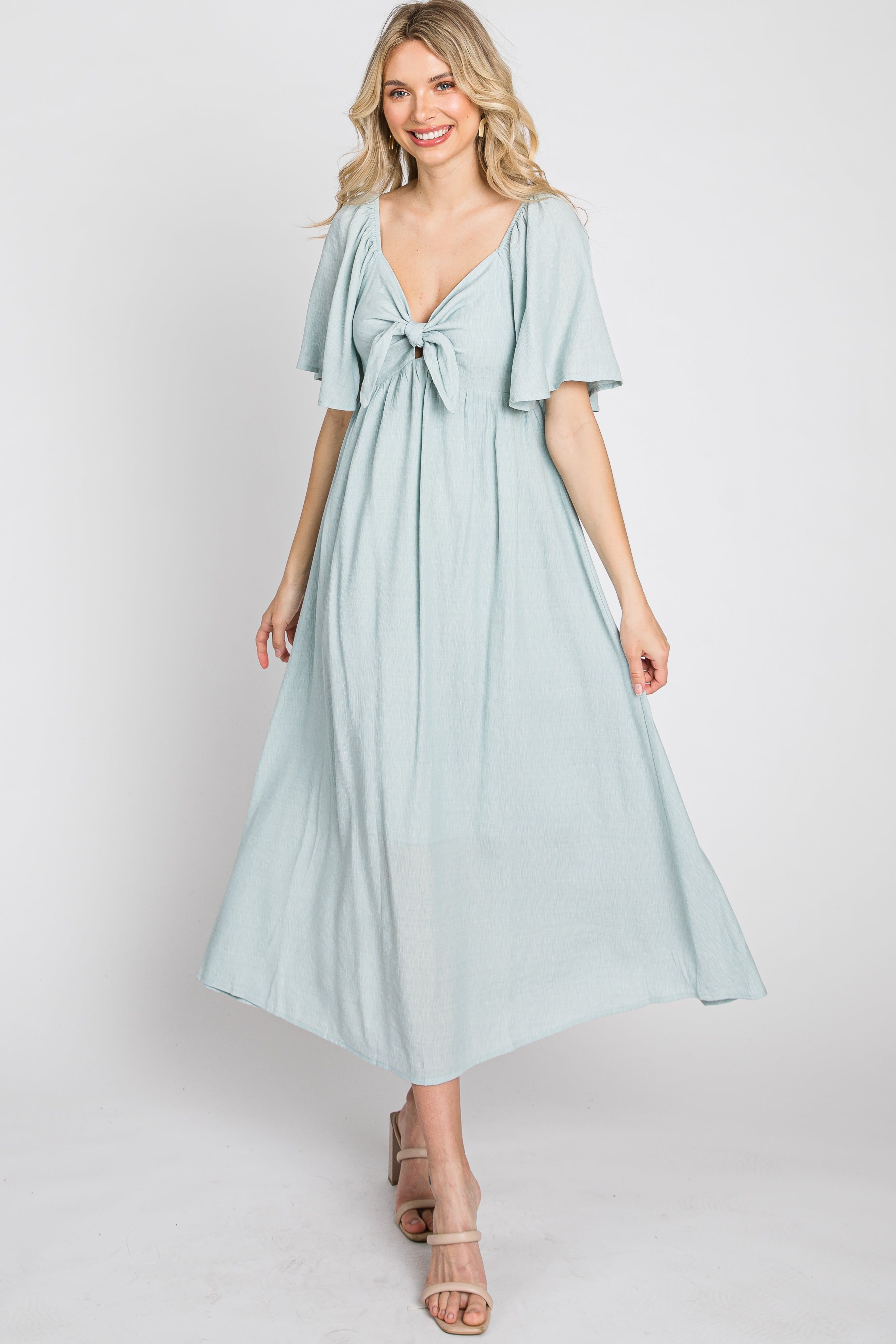Light Blue Front Tie Ruffle Sleeve Midi Dress sold by Pinkblush product image thumbnail 2