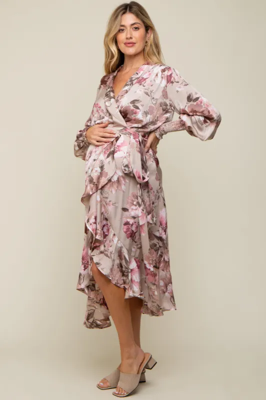 Taupe Satin Asymmetrical Flounce Trim Maternity Midi Dress sold by Pinkblush