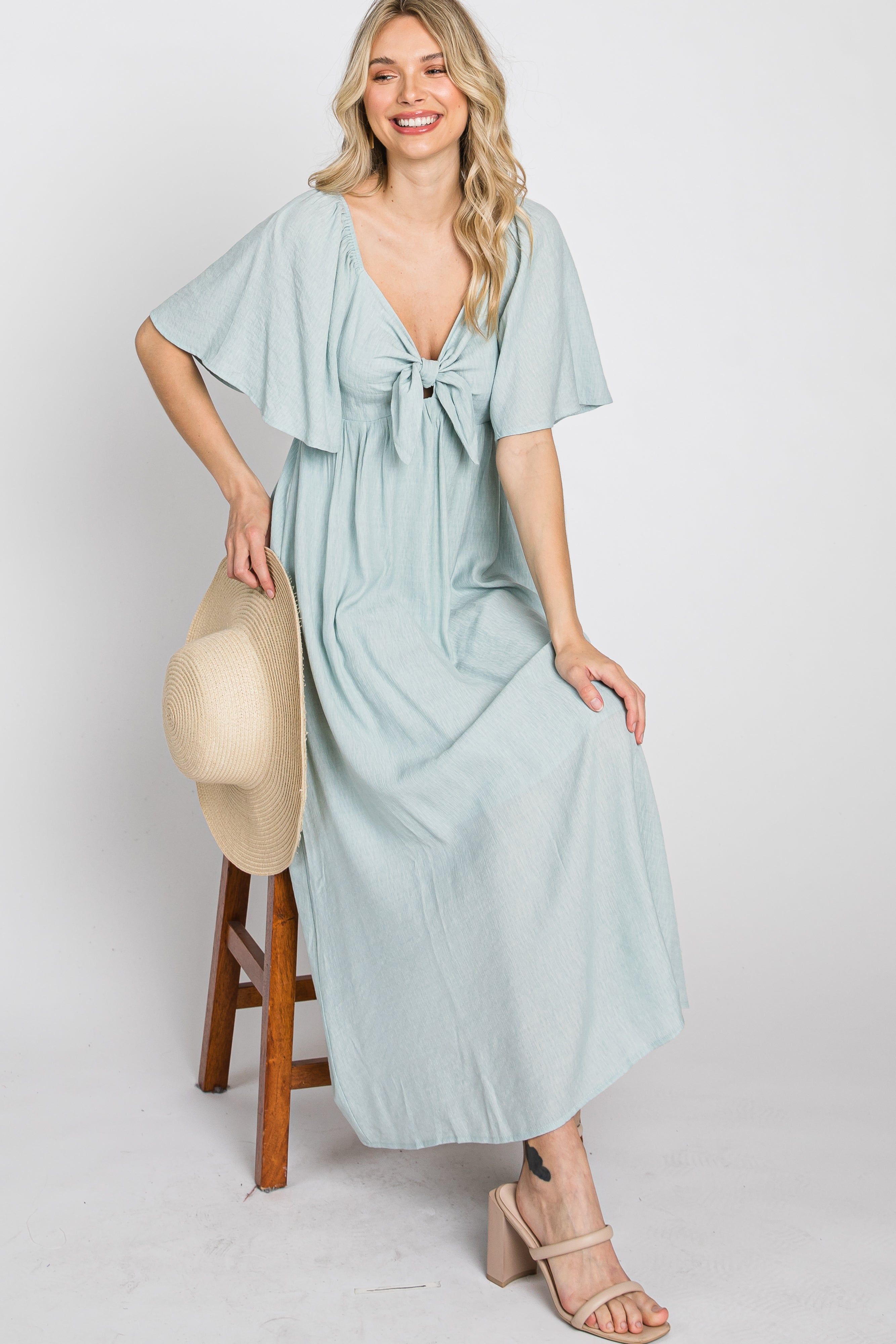 Light Blue Front Tie Ruffle Sleeve Midi Dress sold by Pinkblush product image thumbnail 12
