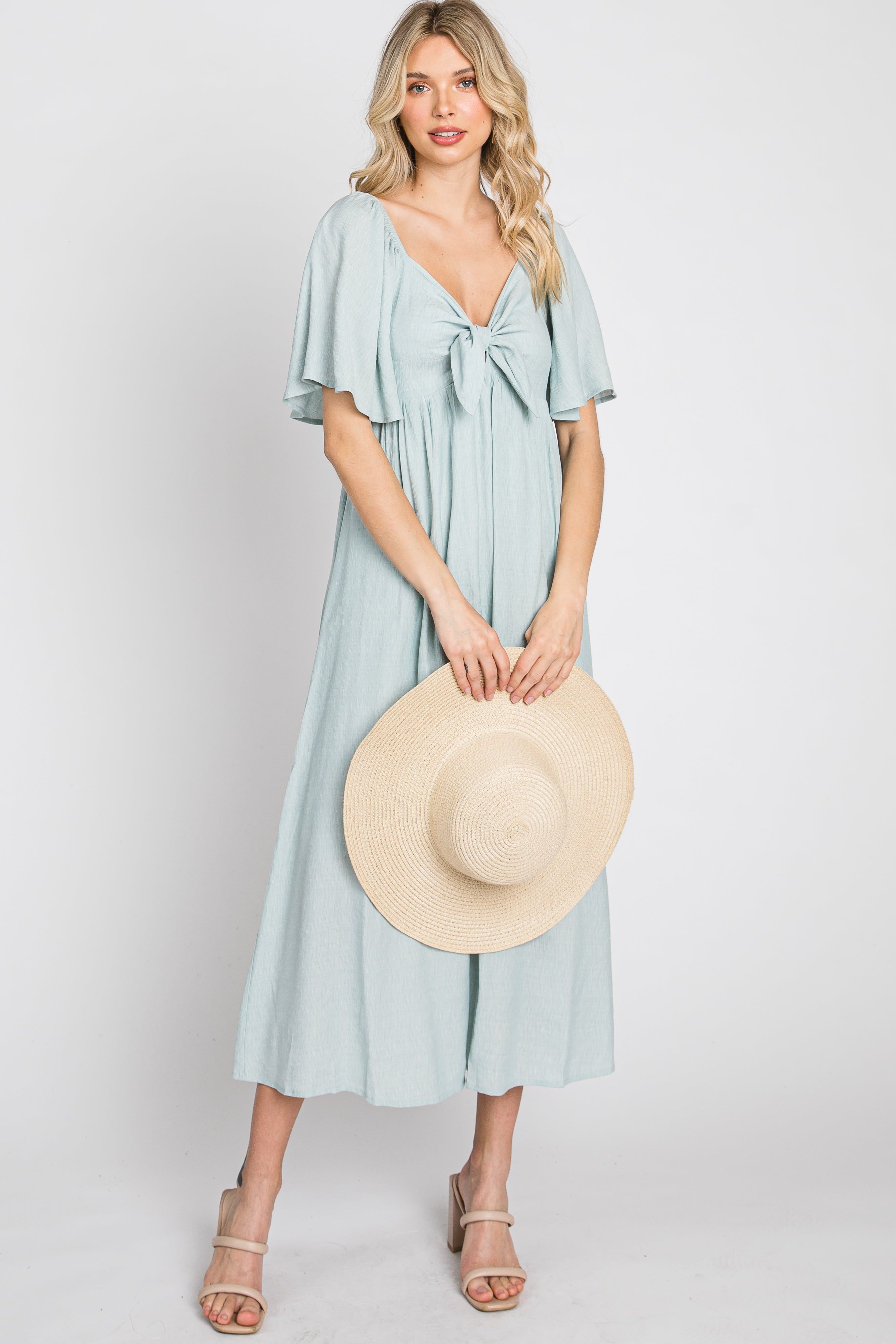 Light Blue Front Tie Ruffle Sleeve Midi Dress sold by Pinkblush product image thumbnail 9