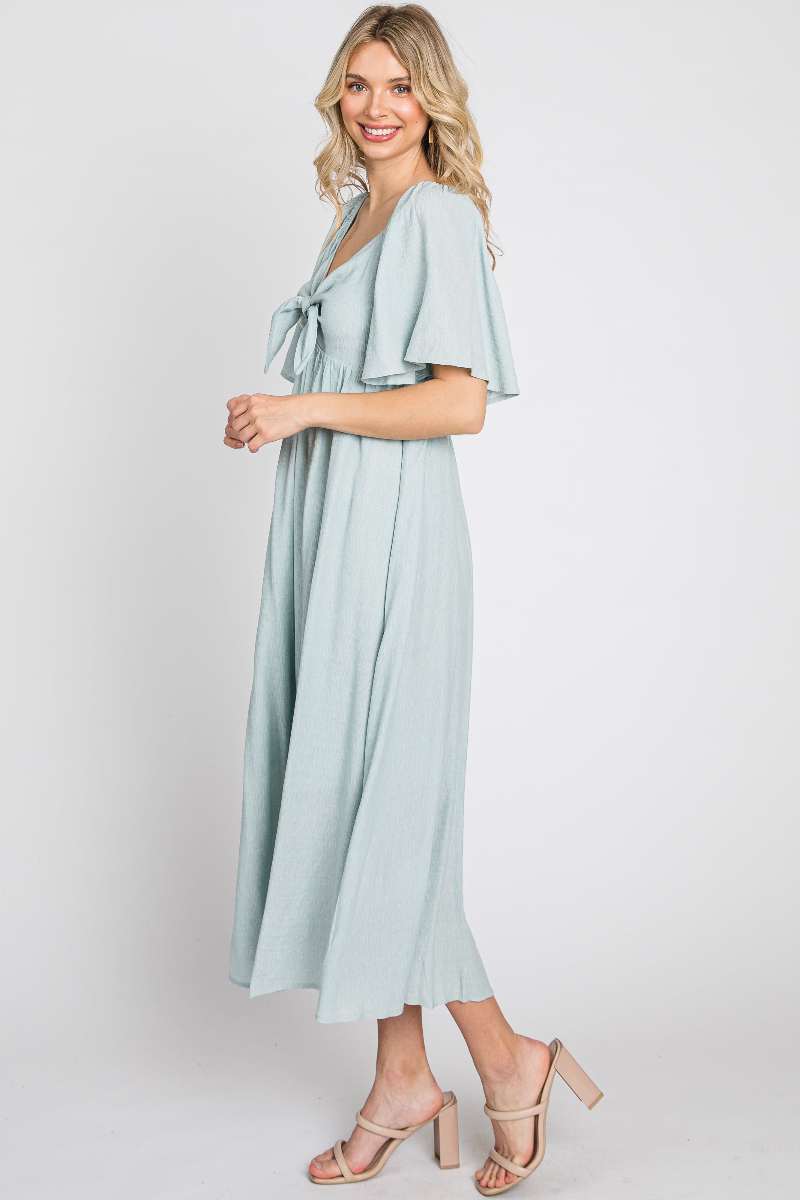 Light Blue Front Tie Ruffle Sleeve Midi Dress sold by Pinkblush product image thumbnail 6