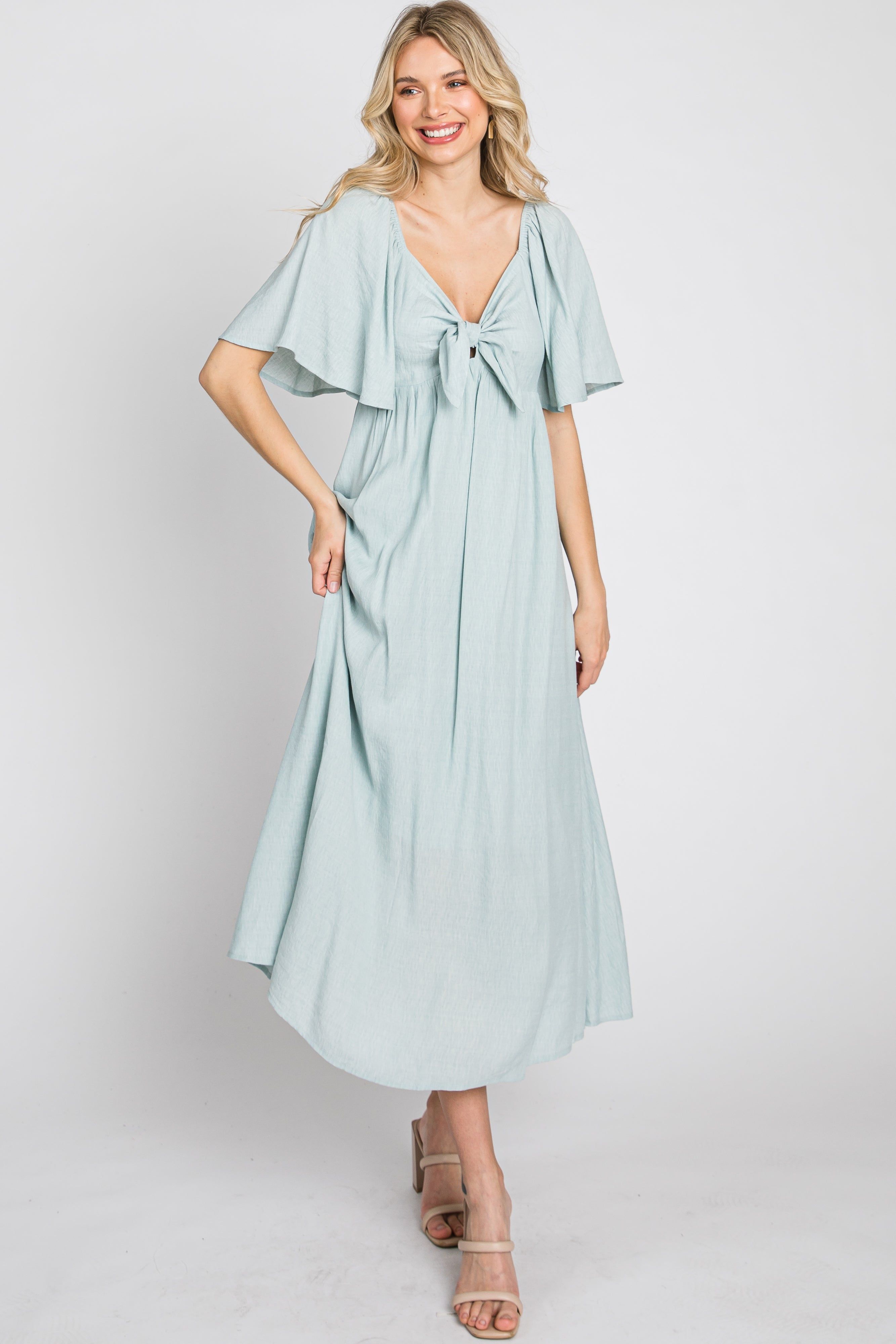 Light Blue Front Tie Ruffle Sleeve Midi Dress sold by Pinkblush product image thumbnail 3
