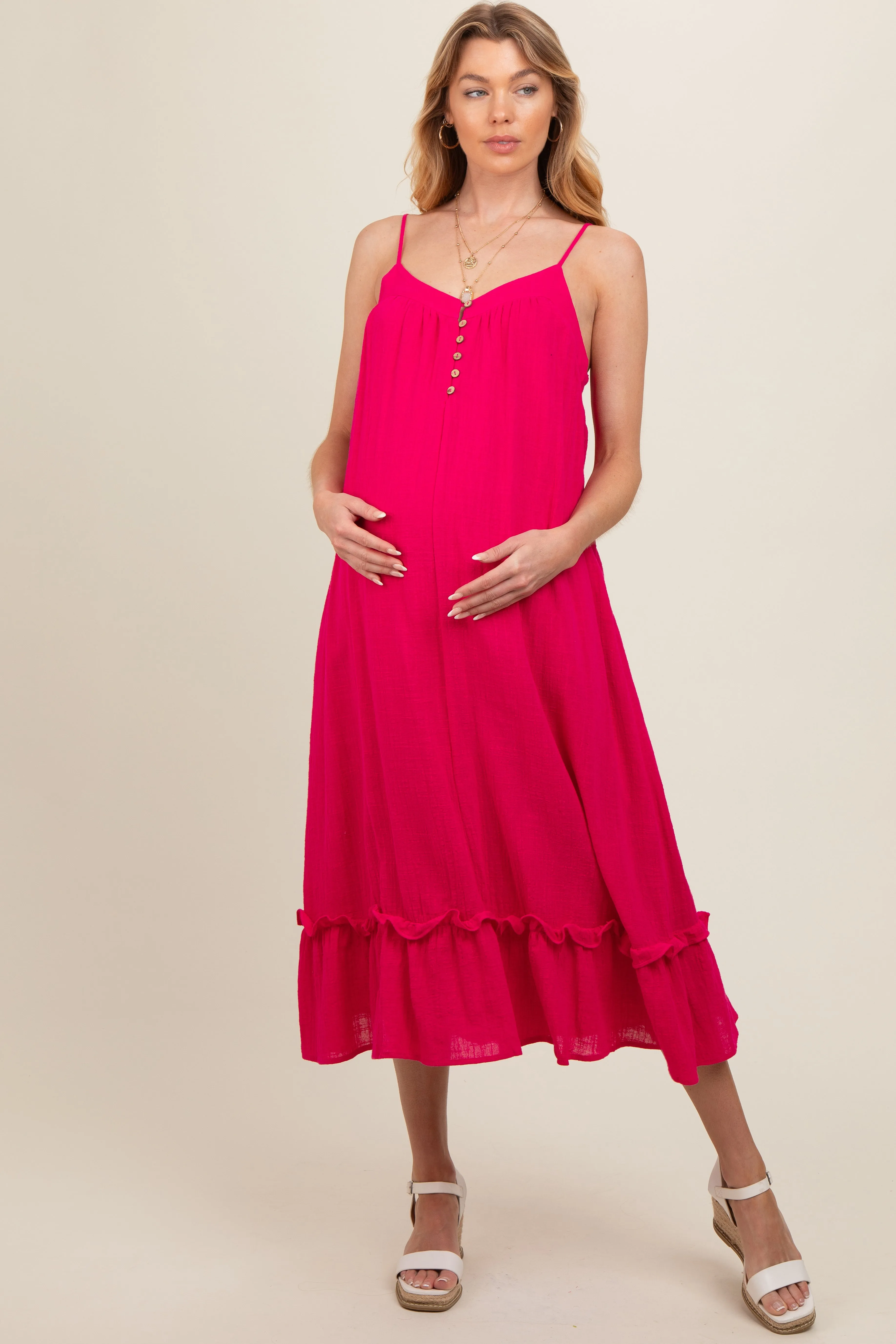 Fuchsia Button Front Pocketed Maternity Midi Dress sold by Pinkblush