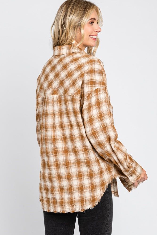 Mocha Plaid Button Up Raw Edge Flannel Top sold by Pinkblush product image thumbnail 4