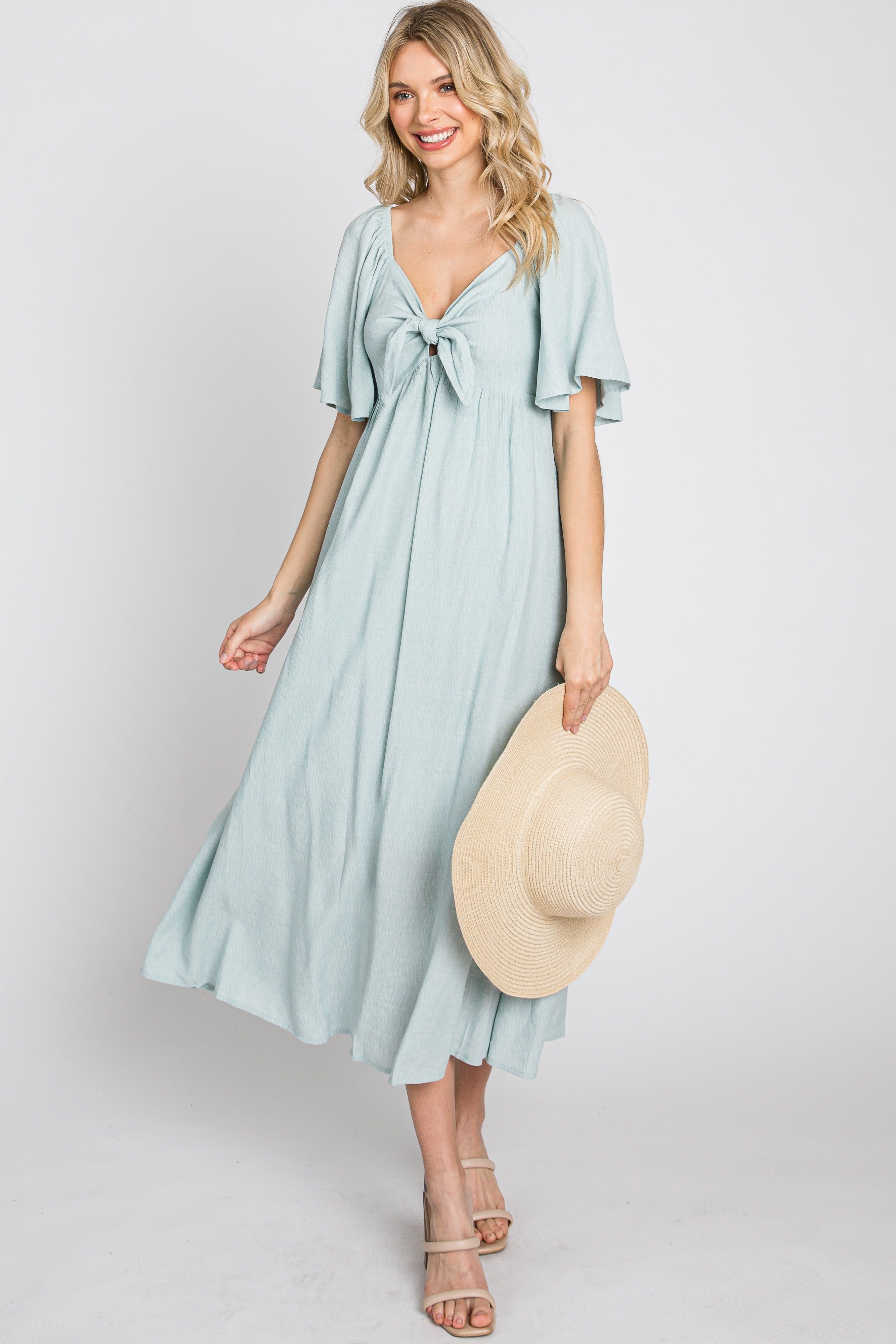 Light Blue Front Tie Ruffle Sleeve Midi Dress sold by Pinkblush product image thumbnail 10
