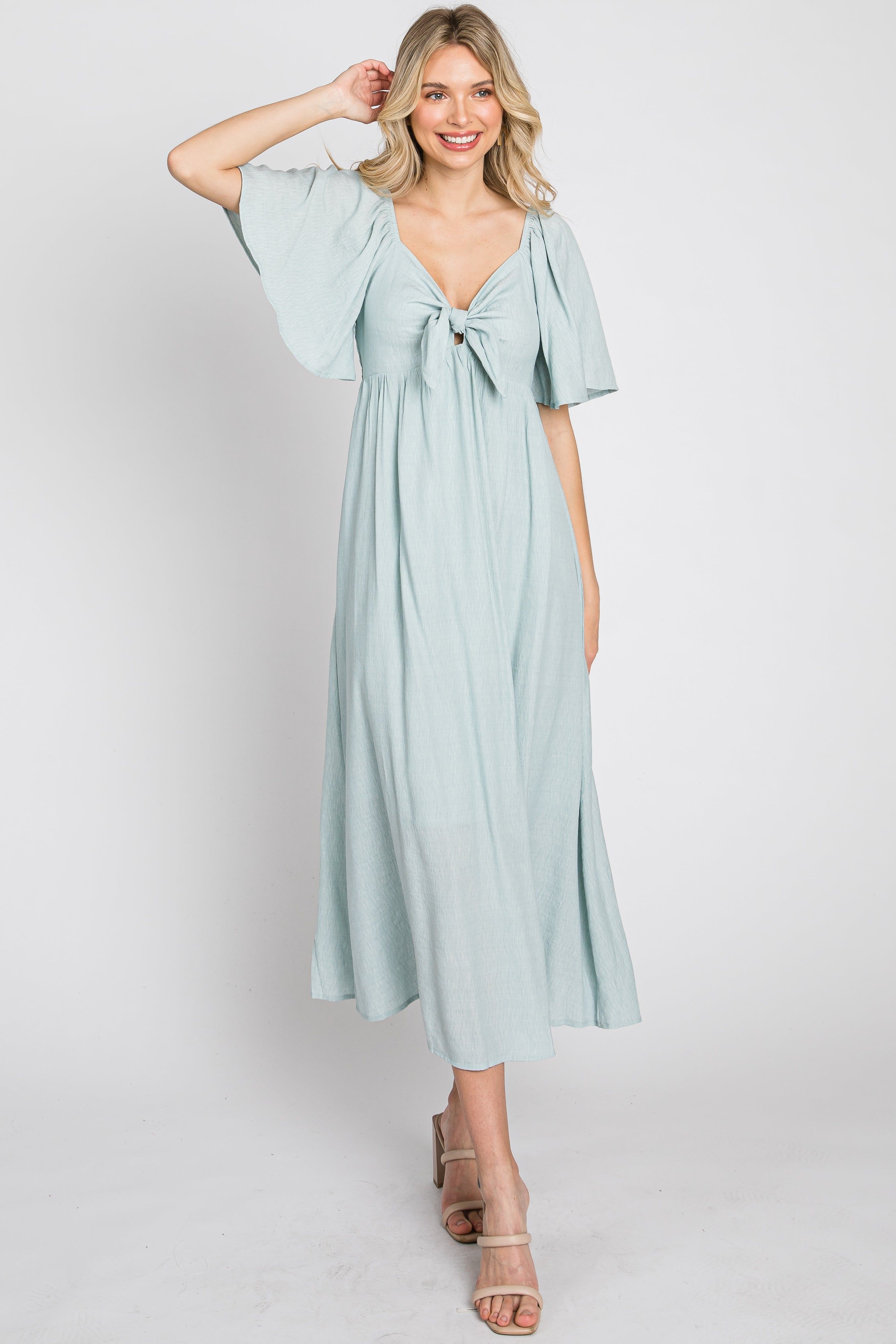 Light Blue Front Tie Ruffle Sleeve Midi Dress sold by Pinkblush product image thumbnail 4