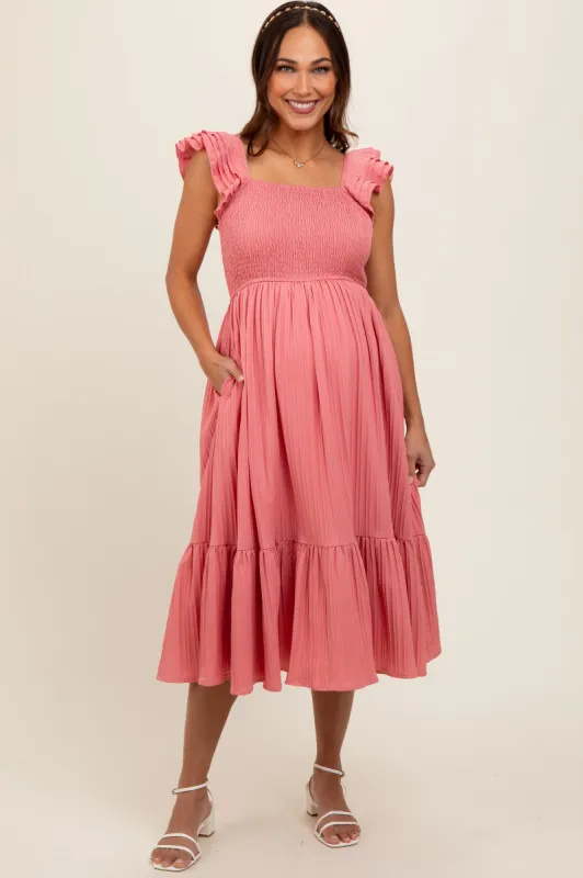 Mauve Striped Flutter Sleeve Maternity Midi Dress sold by Pinkblush