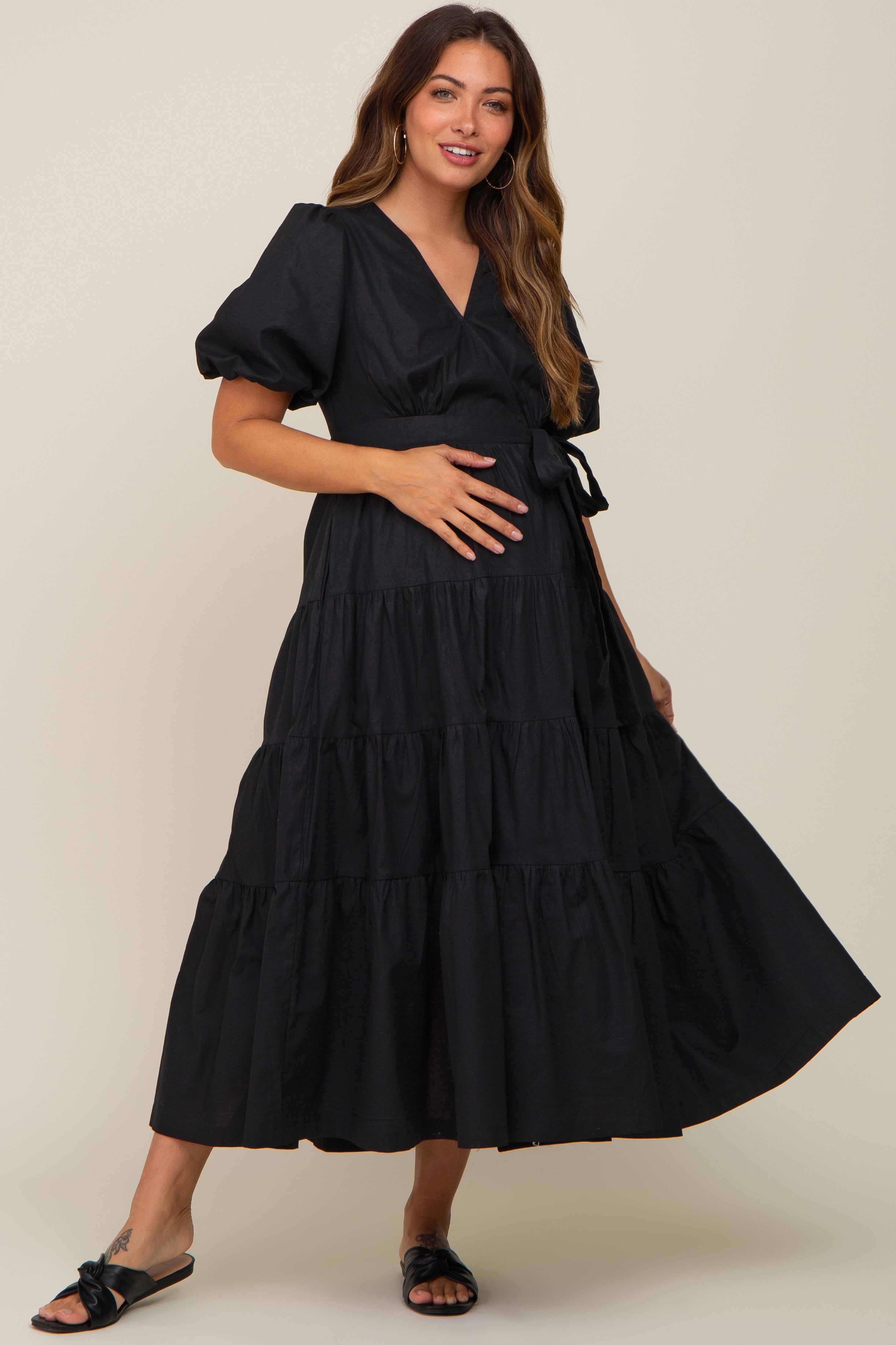 Black Linen Wrap V-Neck Short Sleeve Tiered Maternity Midi Dress sold by Pinkblush product image thumbnail 5