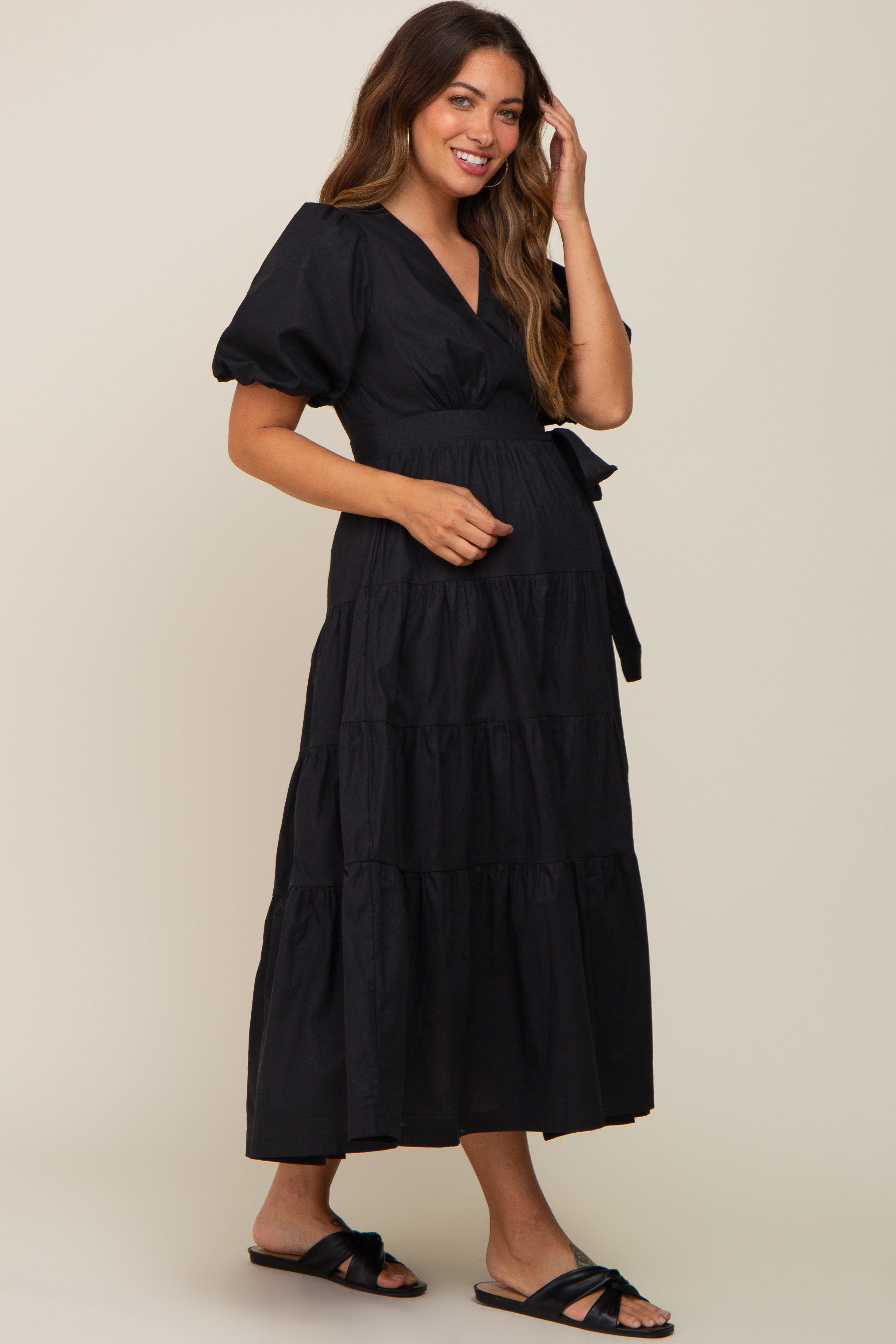 Black Linen Wrap V-Neck Short Sleeve Tiered Maternity Midi Dress sold by Pinkblush product image thumbnail 2