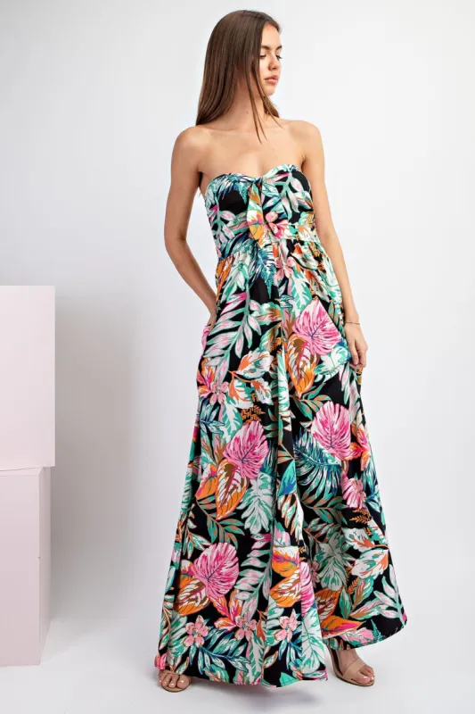 Black Floral Strapless Front Tie Jumpsuit sold by Pinkblush