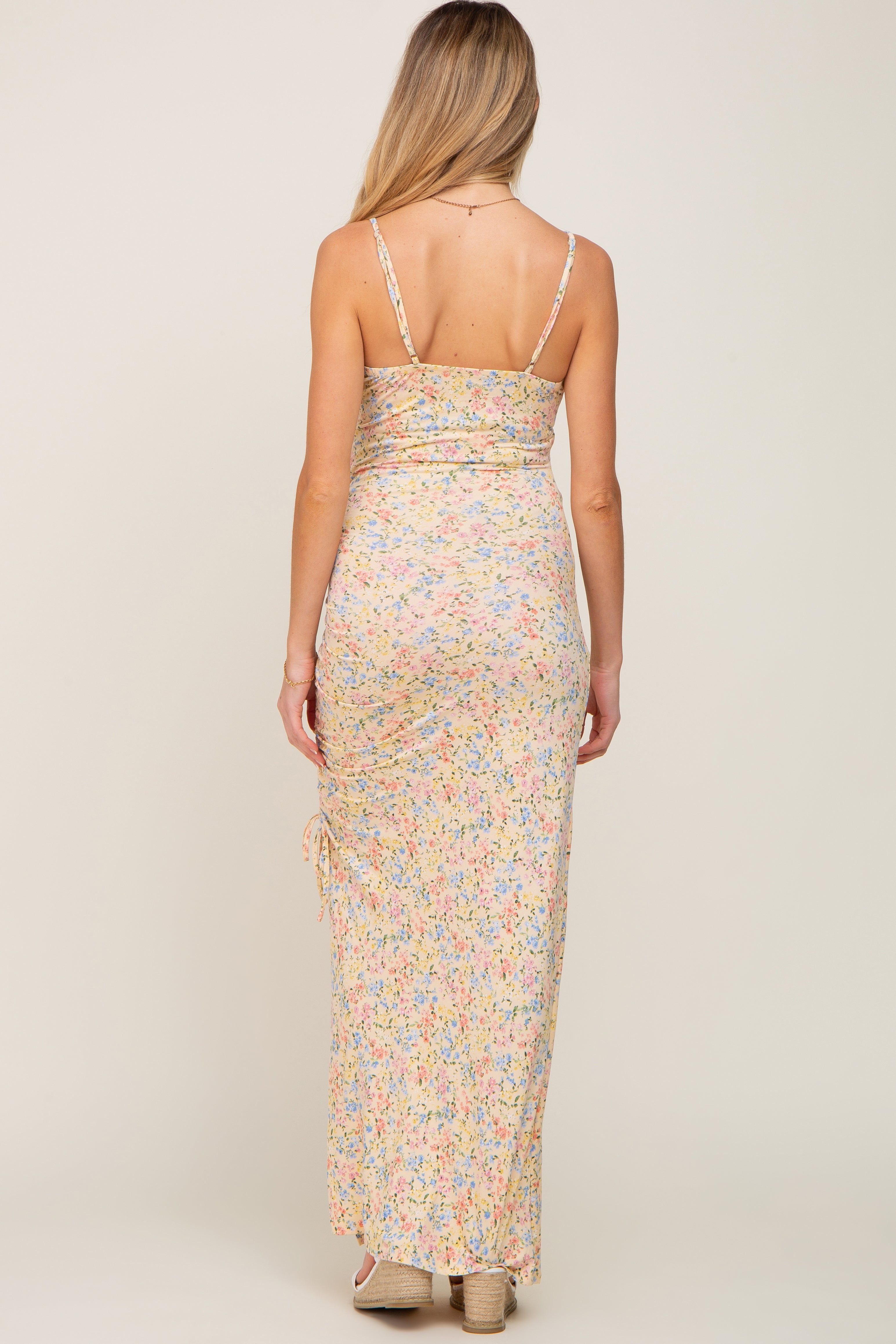 Yellow Floral Side Slit Ruched Maternity Maxi Dress sold by Pinkblush product image thumbnail 3