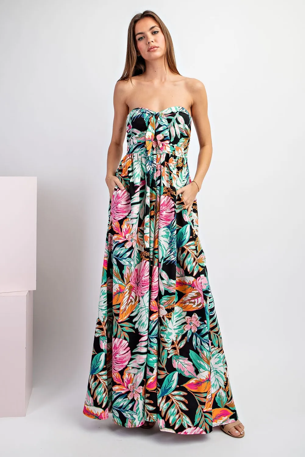 Black Floral Strapless Front Tie Jumpsuit sold by Pinkblush product image thumbnail 2