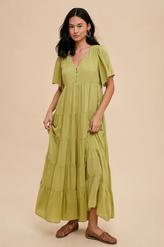 Green Button Detail Tiered Maxi Dress sold by Pinkblush