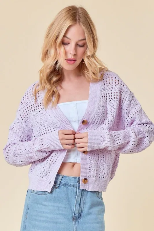 Lavender Pointelle Knitted V-Neck Crop Cardigan sold by Pinkblush