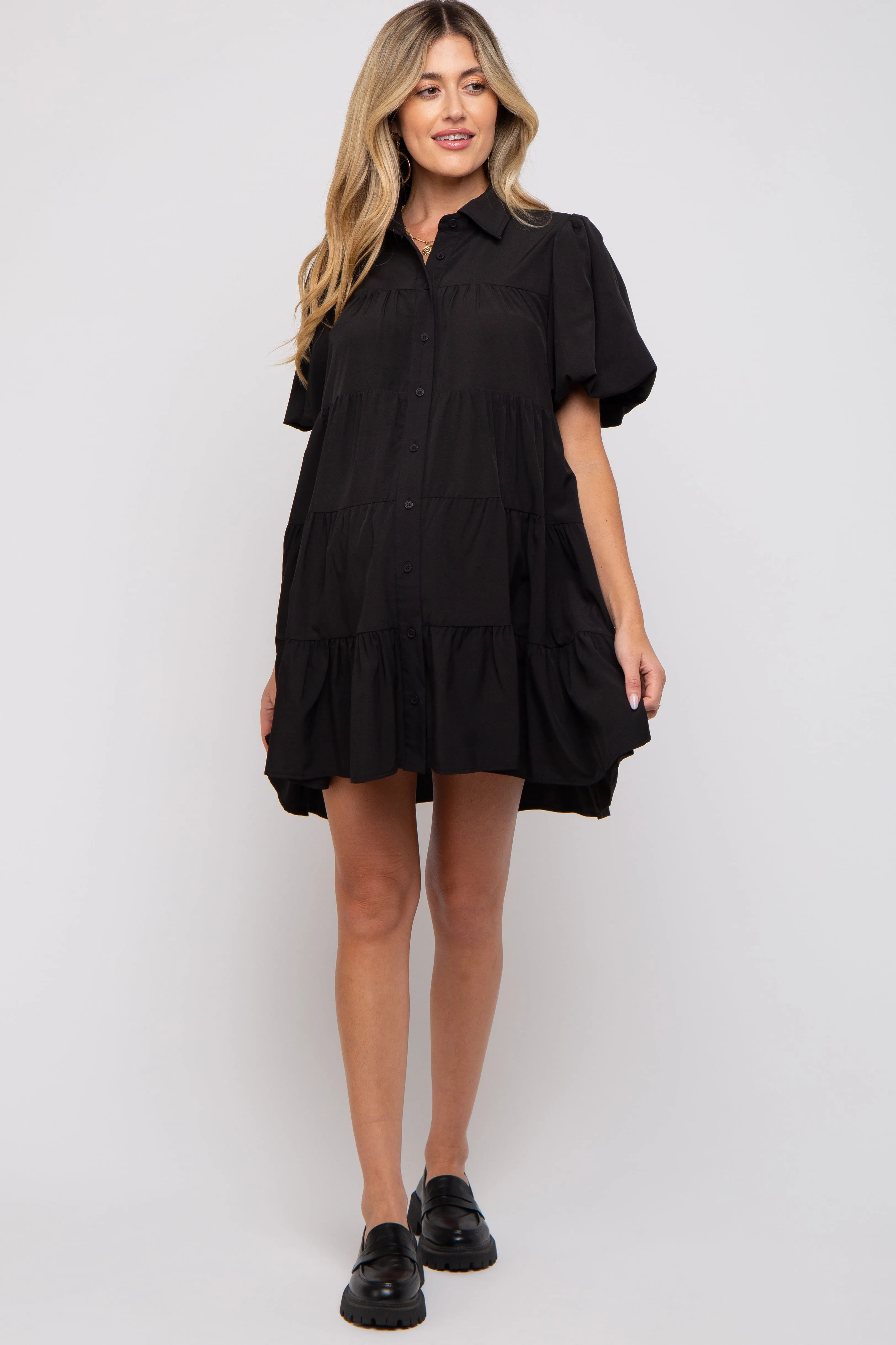 Black Puff Sleeve Maternity Mini Shirt Dress sold by Pinkblush product image thumbnail 3