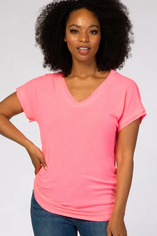 Neon Pink V-Neck Raw Hem Short Sleeve Top sold by Pinkblush